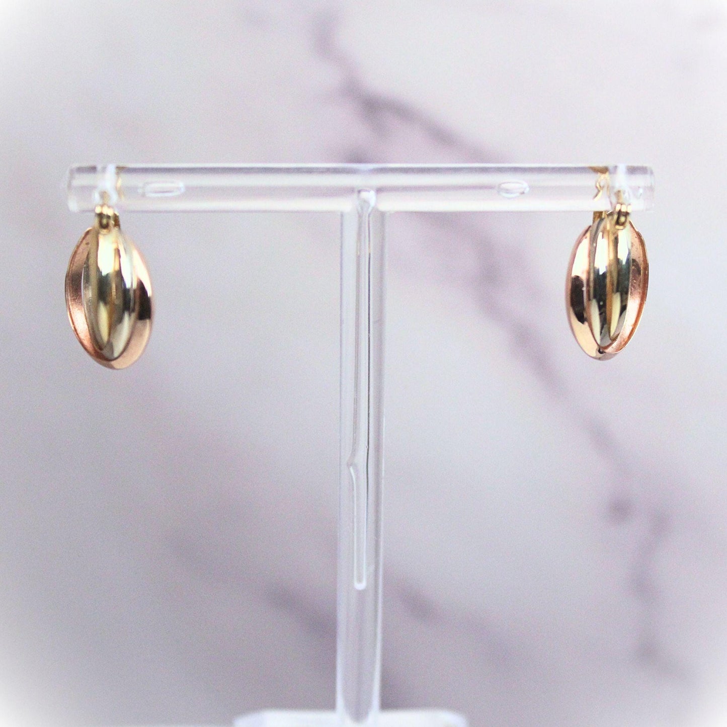 14k Solid Gold Tricolor Hoop Earrings: Twisted Huggie Style