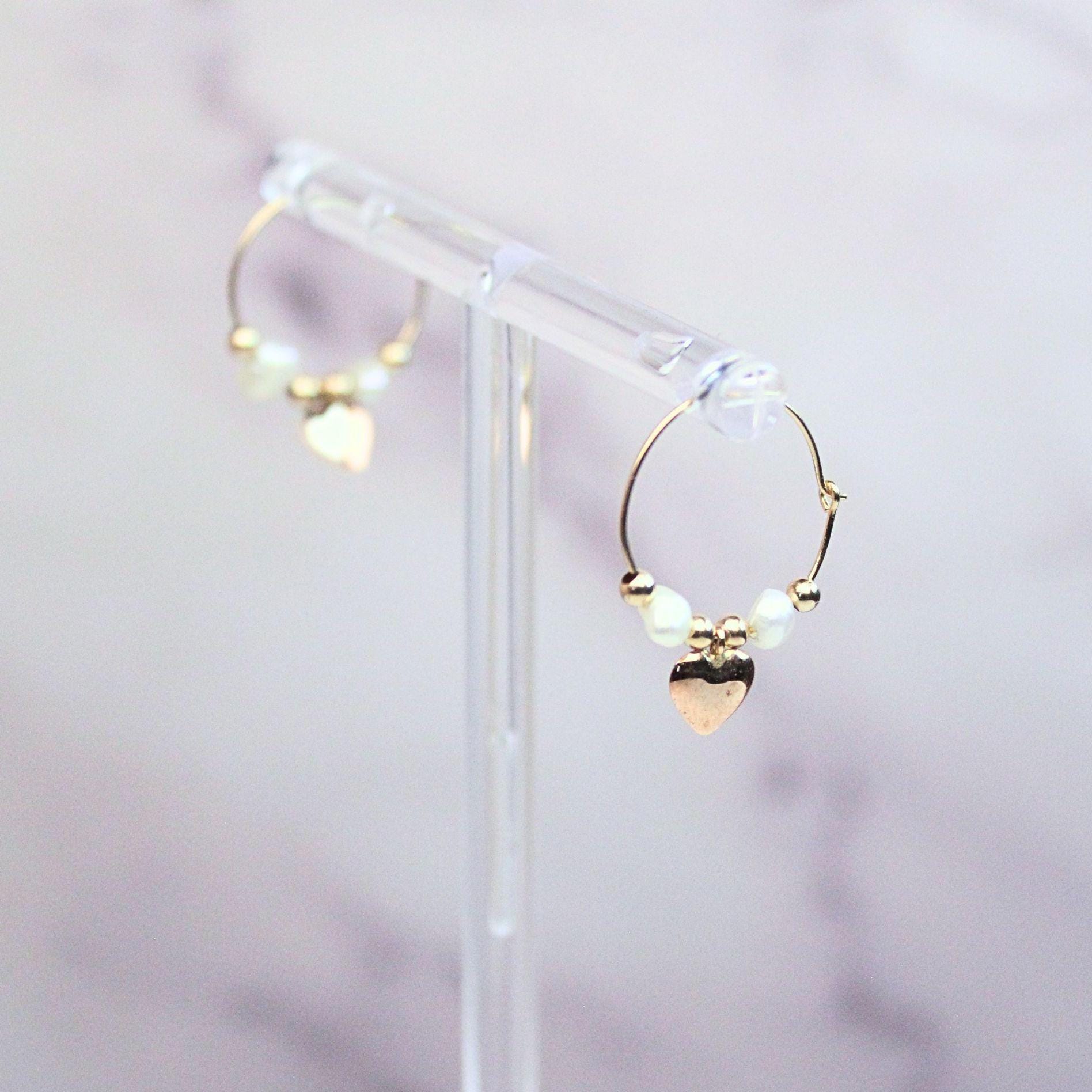 14k Gold Heart Hoop Earrings: Freshwater Pearl Charm Hoops