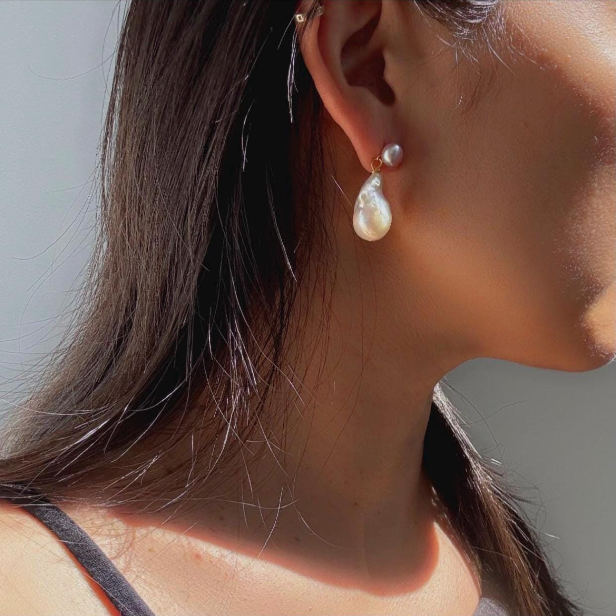 New Baroque Pearl Oceana Drop Earrings with 14k Gold Plate Accents – Unique Freshwater Pearls precious jewelry perfect for special occasions