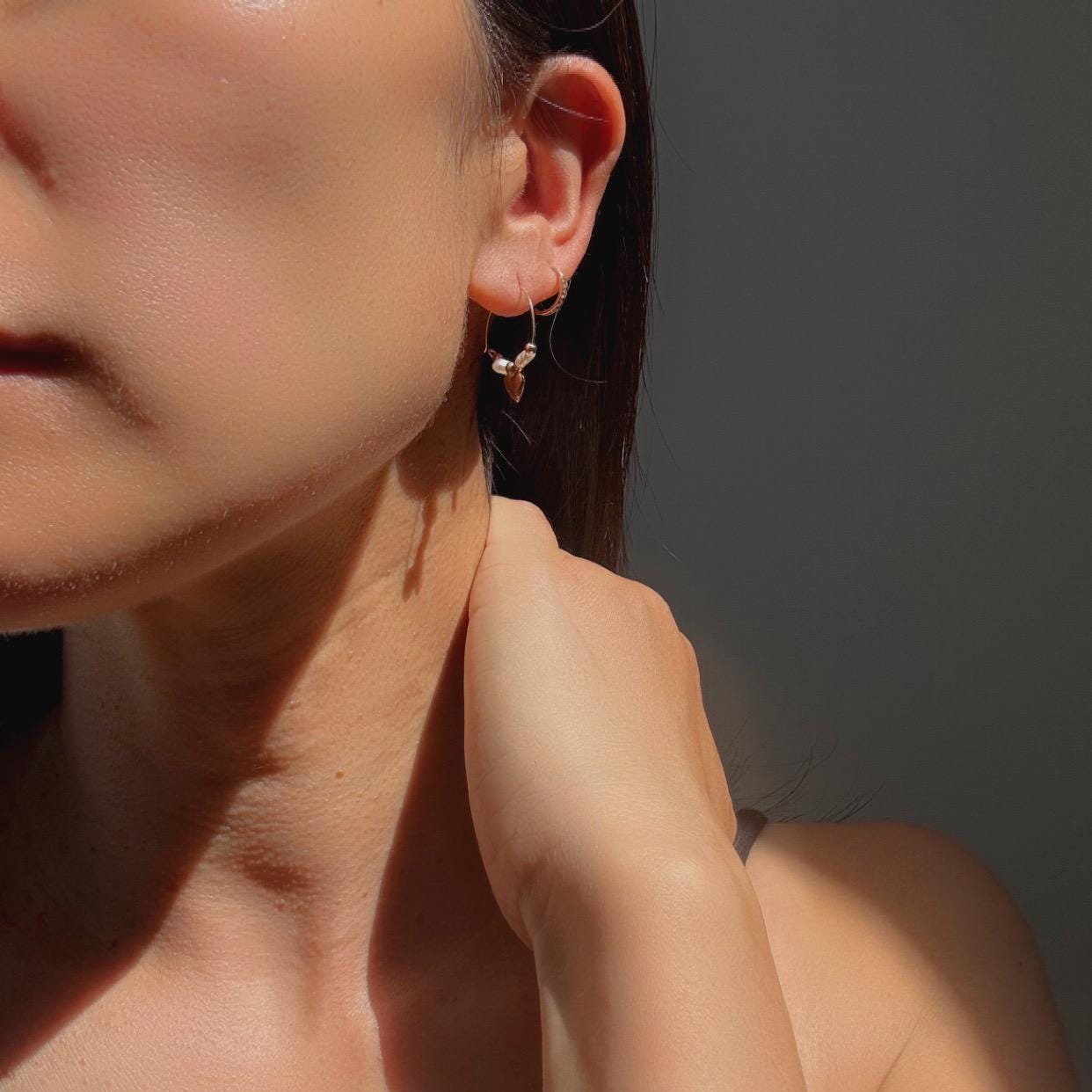 14k Gold Heart Hoop Earrings: Freshwater Pearl Charm Hoops