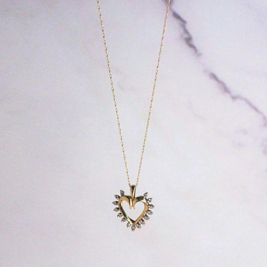 Vintage 10k Gold Heart Necklace with Natural Diamonds