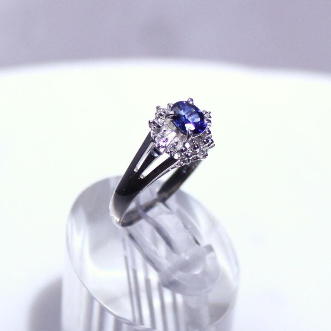 Petite authentic natural sapphire and natural diamond ring with platinum band precious vintage jewelry