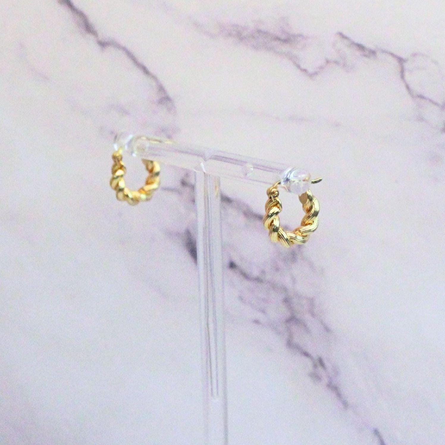 New 18k Solid Gold Twisted Mini Ari Hoop Earrings – Petite Elegance with a Twist– Real Gold Bold Mini Hoops