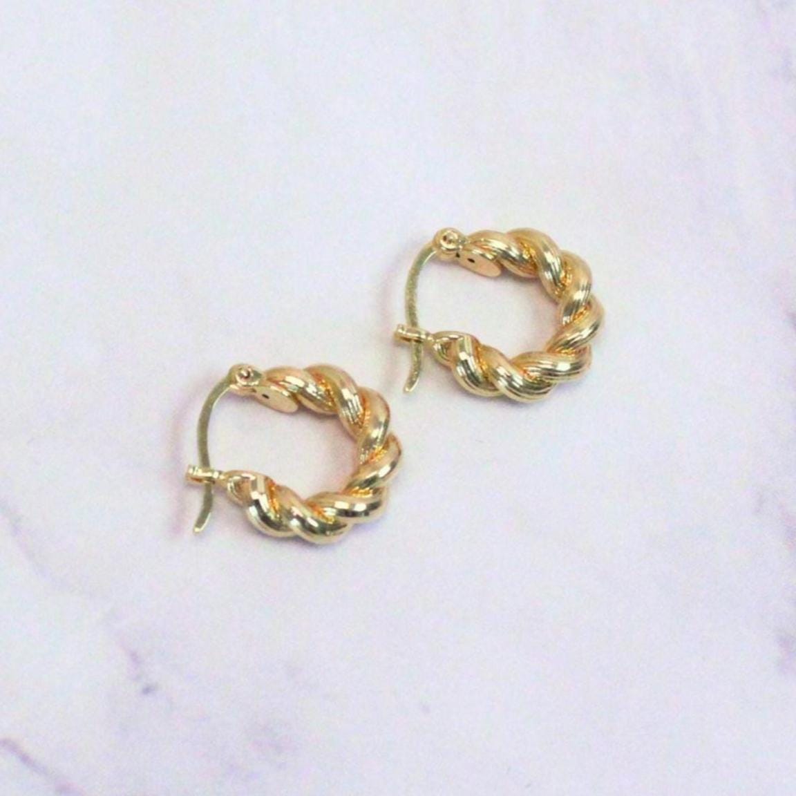 18k Solid Gold Twisted Ari Hoop Earrings: Petite Gold Hoops