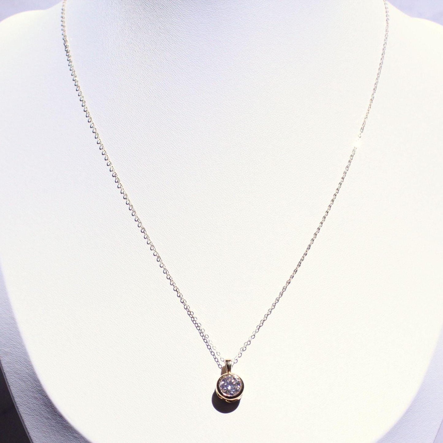 18k Solid Gold 1ct Moissanite Solitaire Cora Necklace: Minimalist Bezel Setting