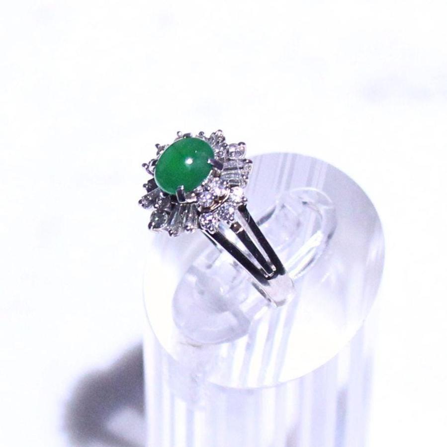 Petite Green Jade Ring: Diamond Halo, Solid Platinum Band, Vintage Style