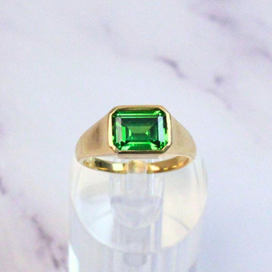 14K Gold Atlas Signet Ring: Emerald-Cut Synthetic Emerald Statement