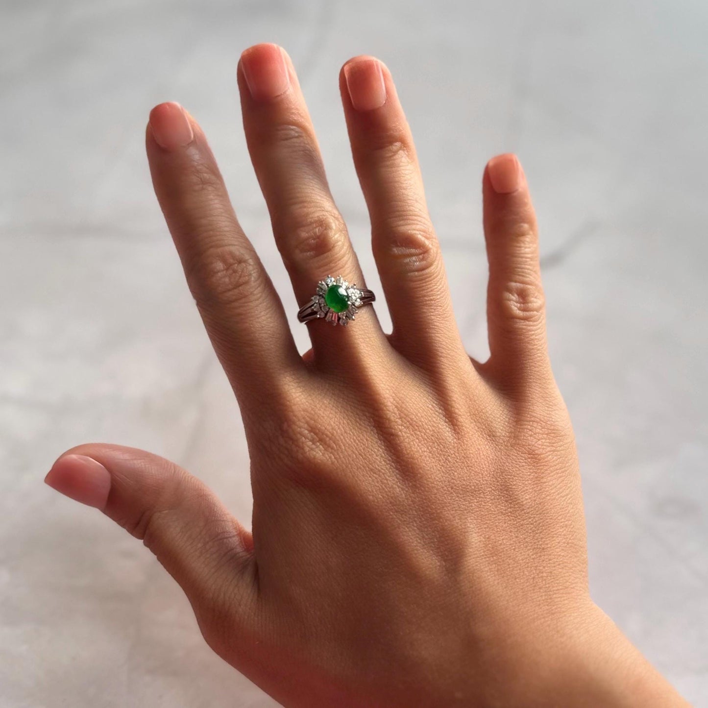 Petite Green Jade Ring: Diamond Halo, Solid Platinum Band, Vintage Style