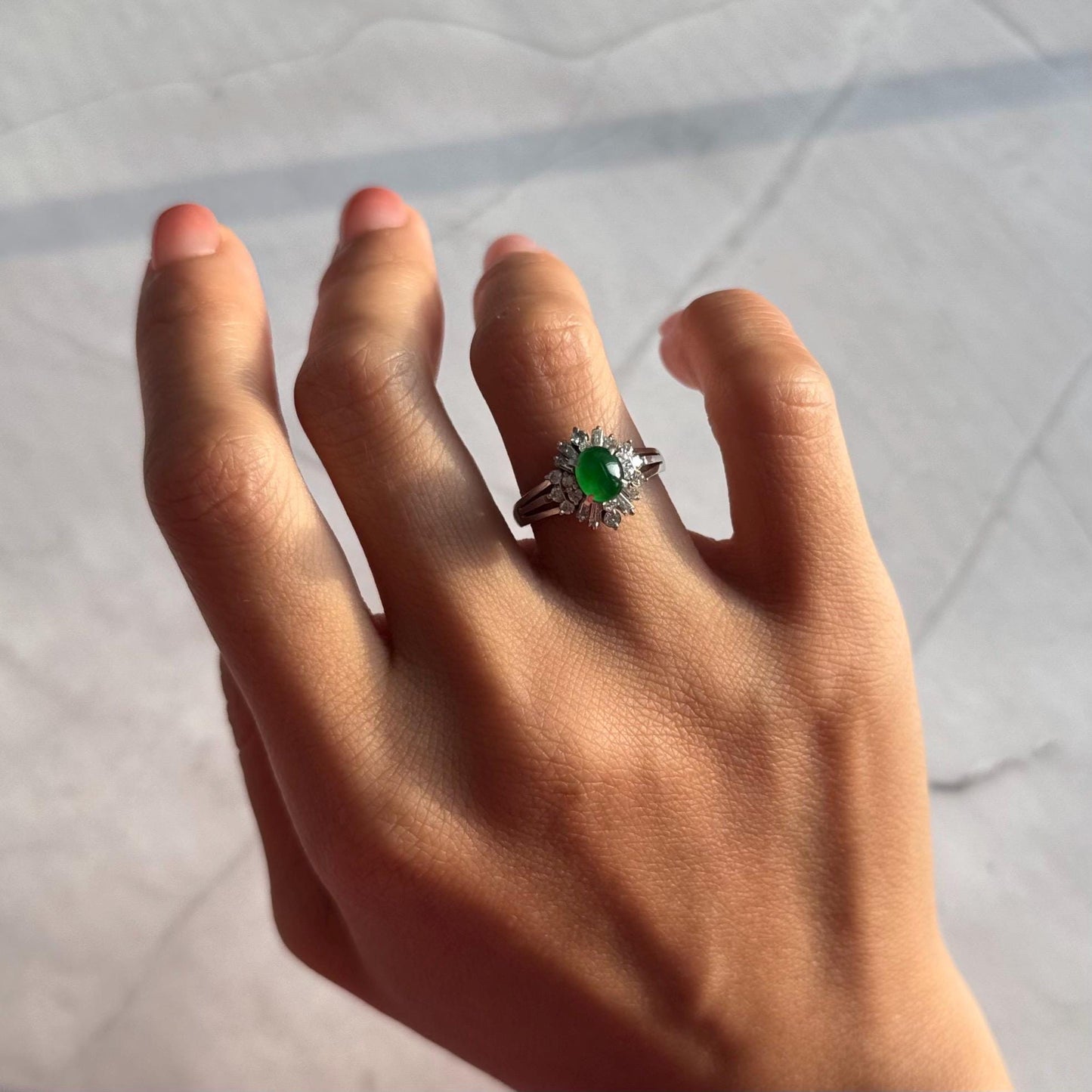 Petite Green Jade Ring: Diamond Halo, Solid Platinum Band, Vintage Style