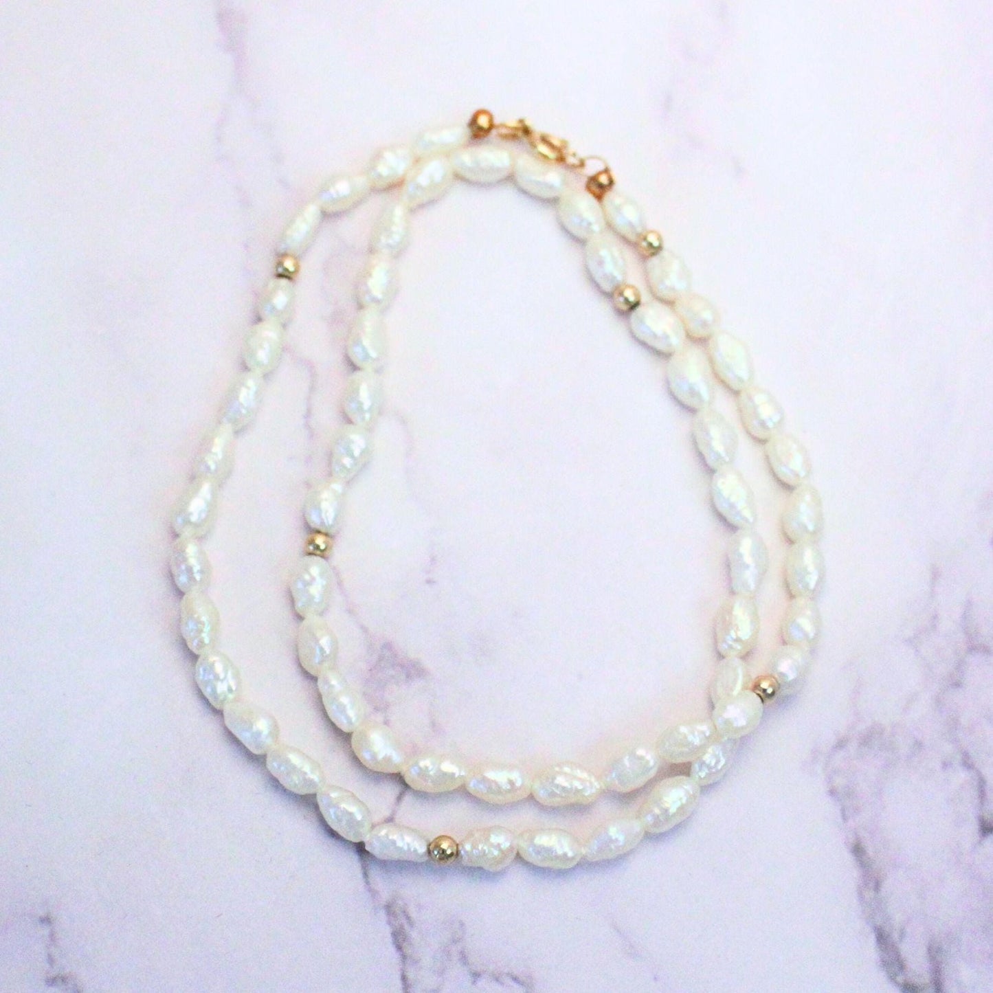 Authentic Rice Pearl 16” Necklace With 14k Solid Gold Beads Precious Fine Vintage Jewelry