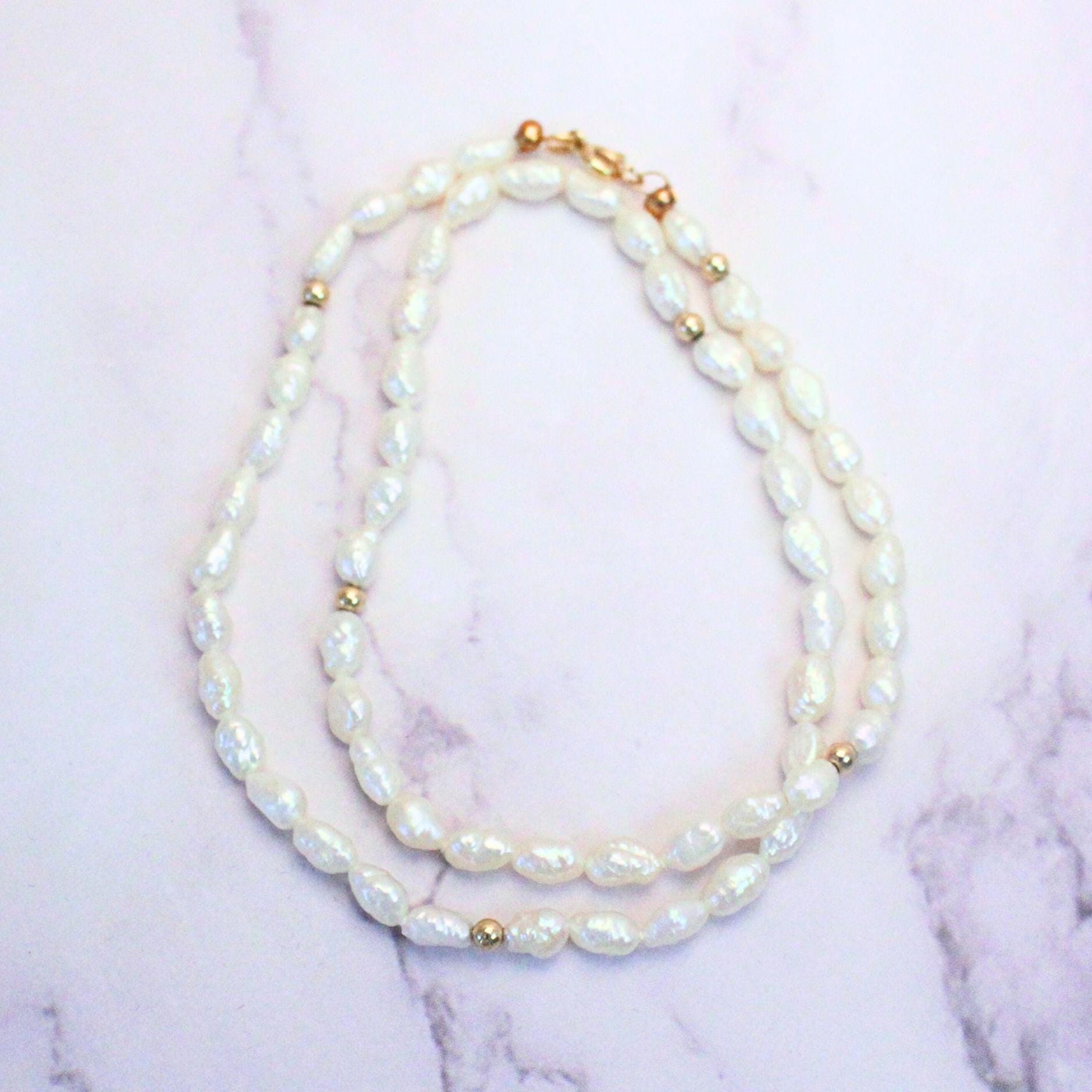 Authentic Rice Pearl 16” Necklace With 14k Solid Gold Beads Precious Fine Vintage Jewelry