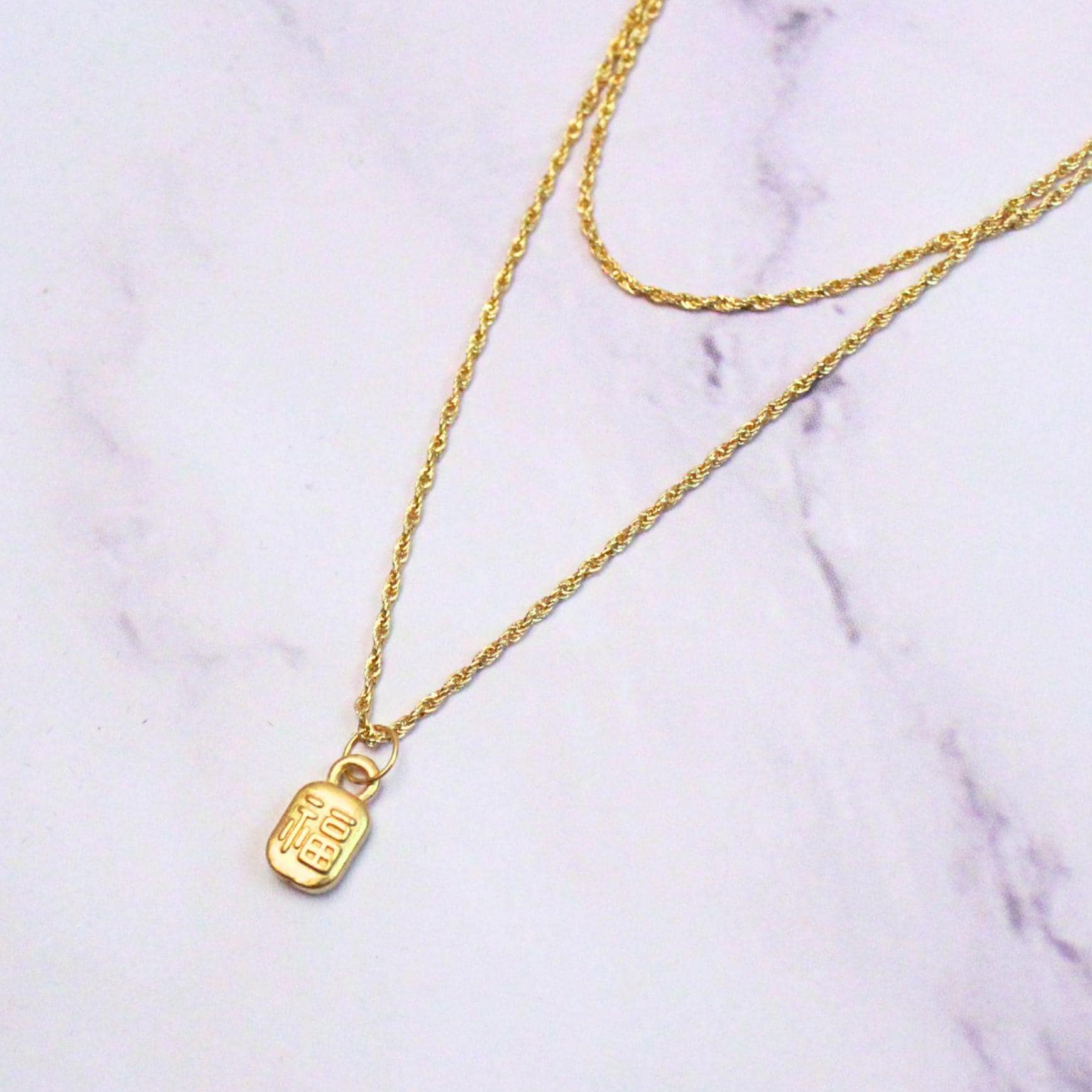 24K Gold Dainty Good Luck Charm Hao Yun Necklace with 18K Gold Rope Chain