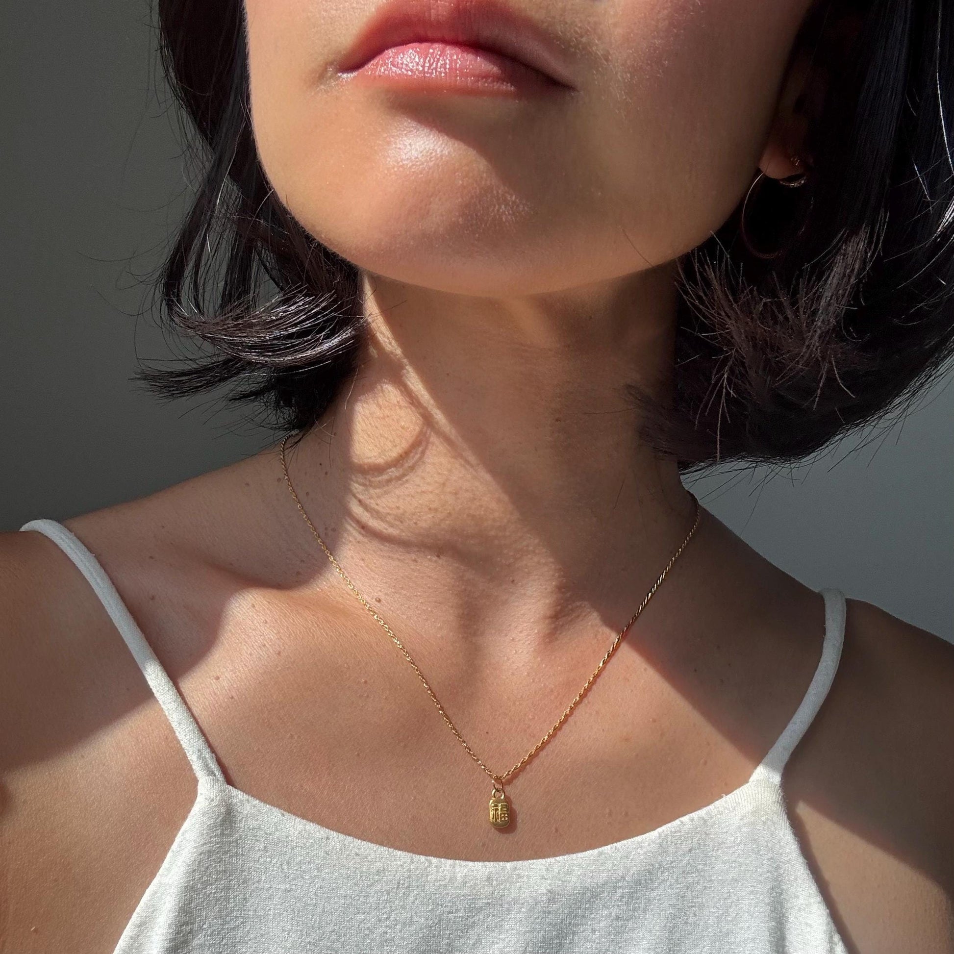 24K Gold Dainty Good Luck Charm Hao Yun Necklace with 18K Gold Rope Chain