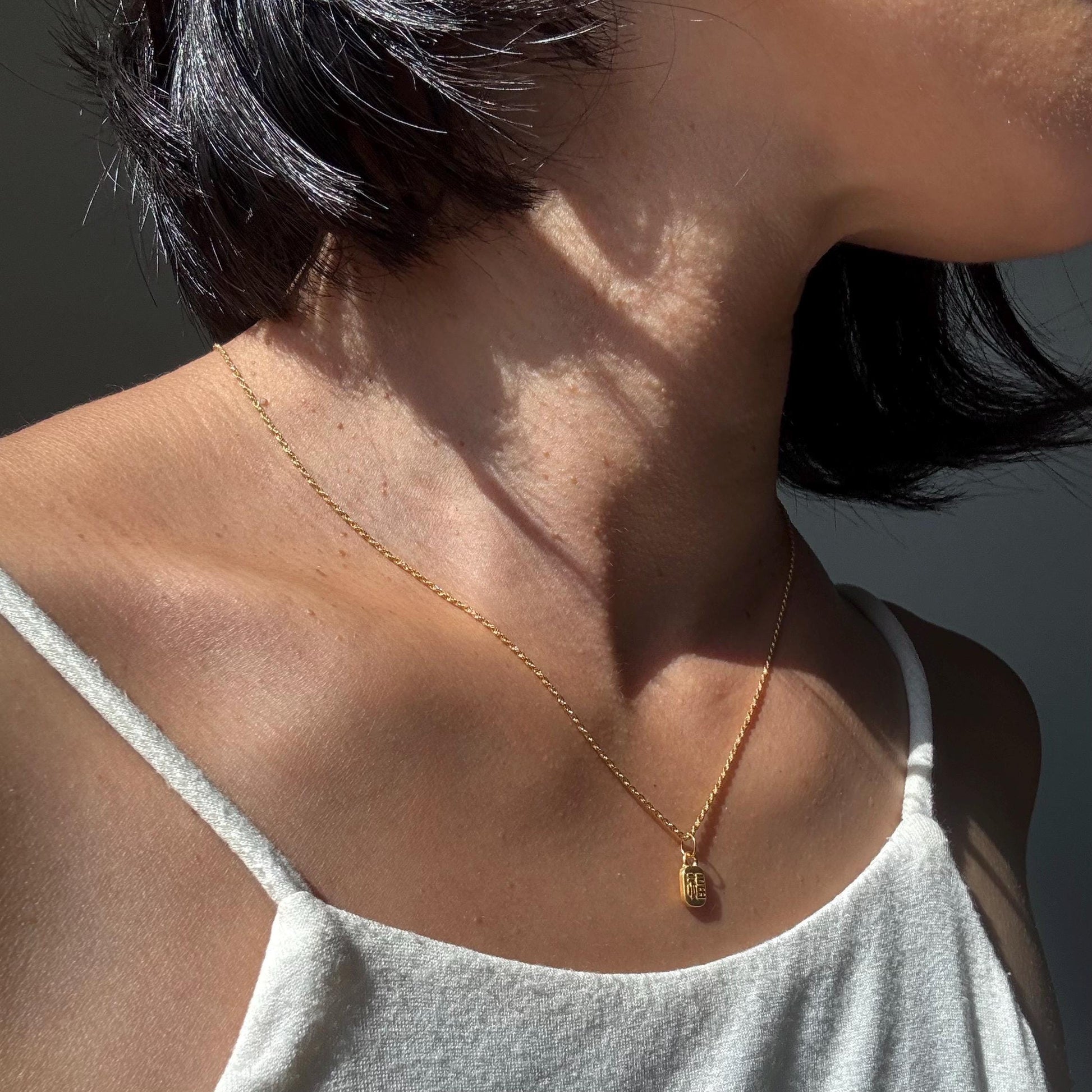 24K Gold Good Luck Charm Hao Yun Necklace: 18K Gold Rope Chain