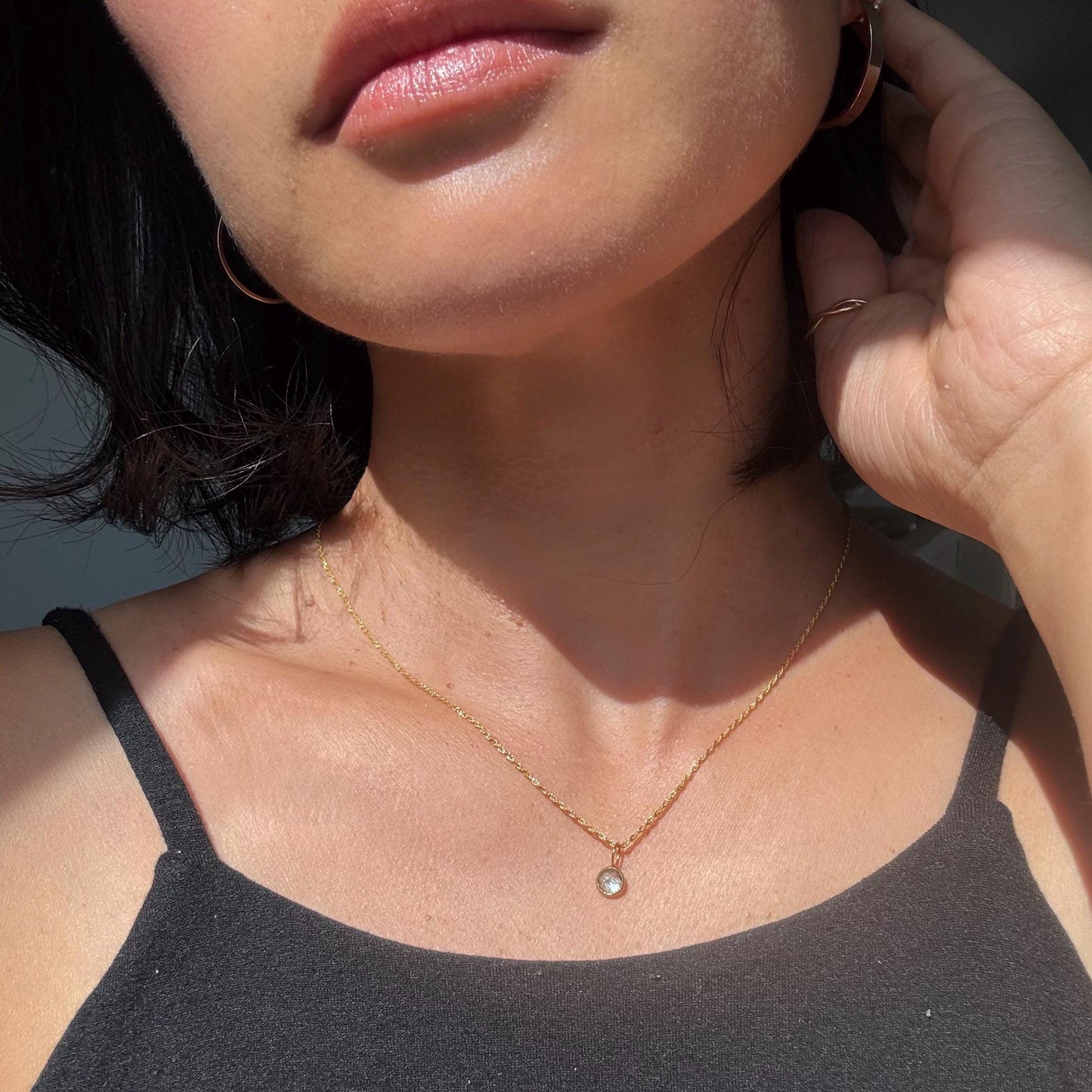 18K Solid Gold Lori Blue Topaz Necklace: Dainty December Birthstone Pendant