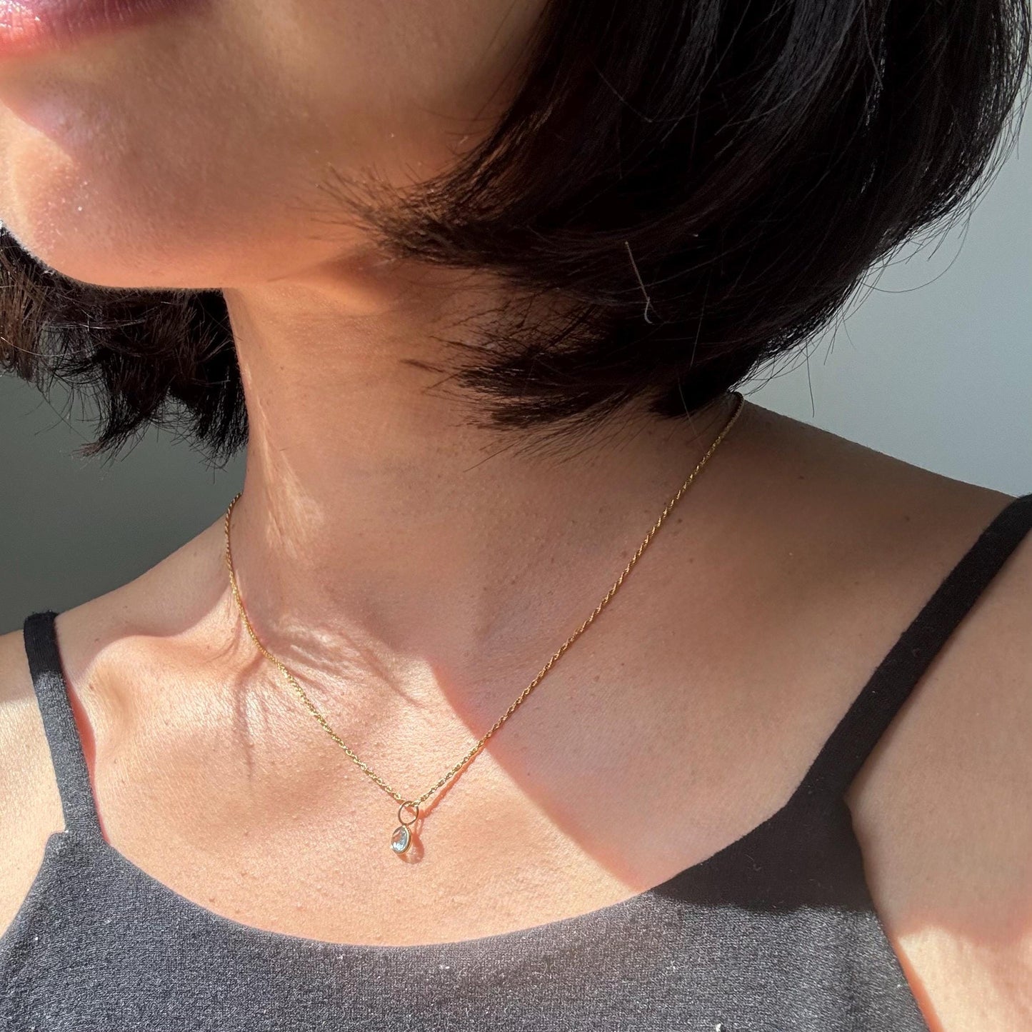 18K Solid Gold Lori Blue Topaz Necklace: Dainty December Birthstone Pendant