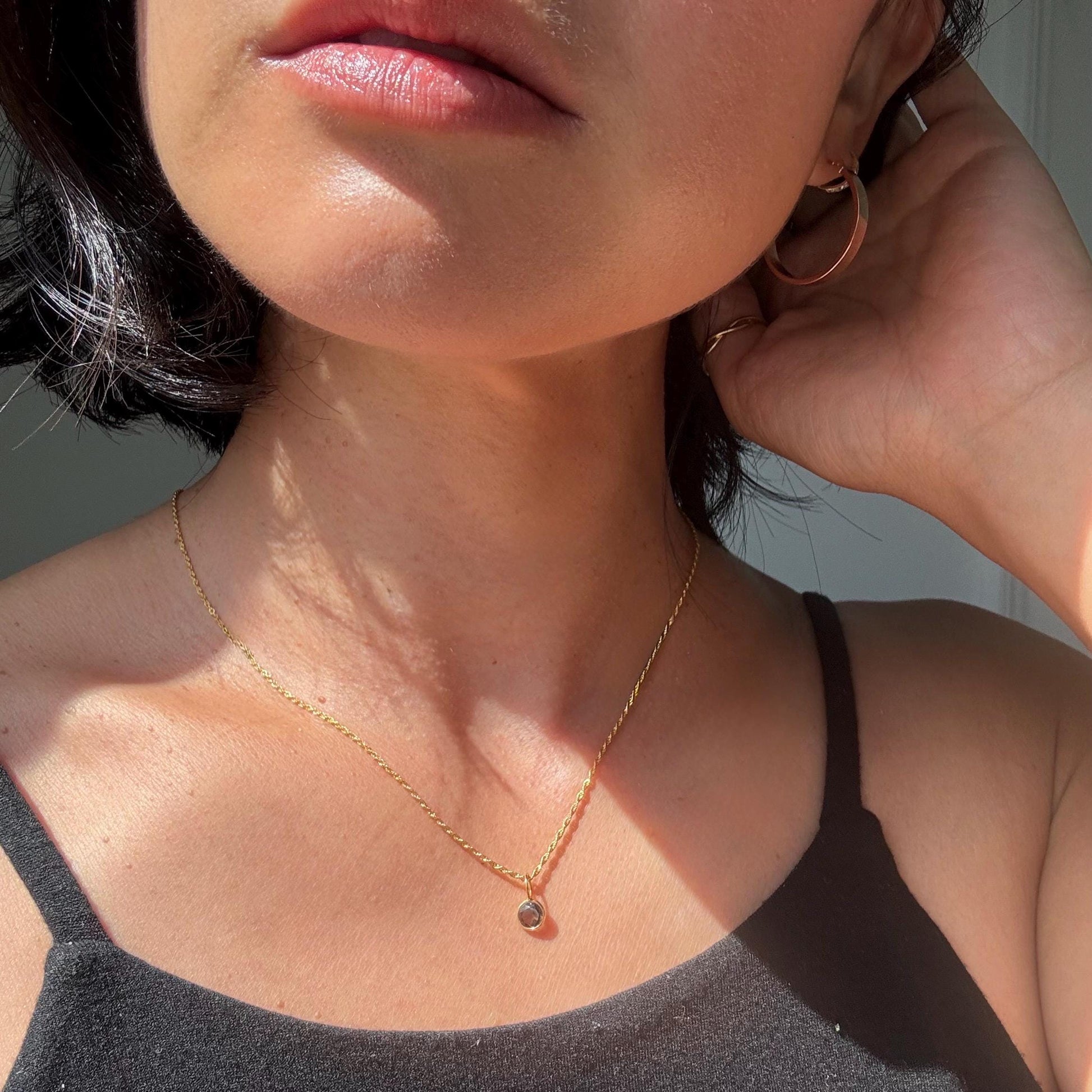 18K Solid Gold Lori Smoky Quartz Necklace: Minimalist Gemstone Pendant