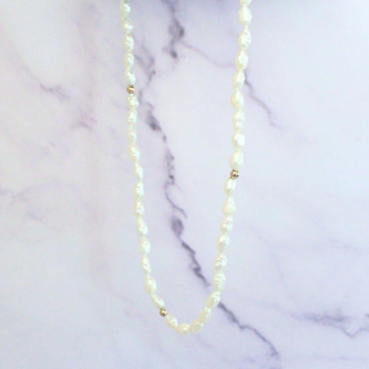 Authentic Rice Pearl 16” Necklace With 14k Solid Gold Beads Precious Fine Vintage Jewelry