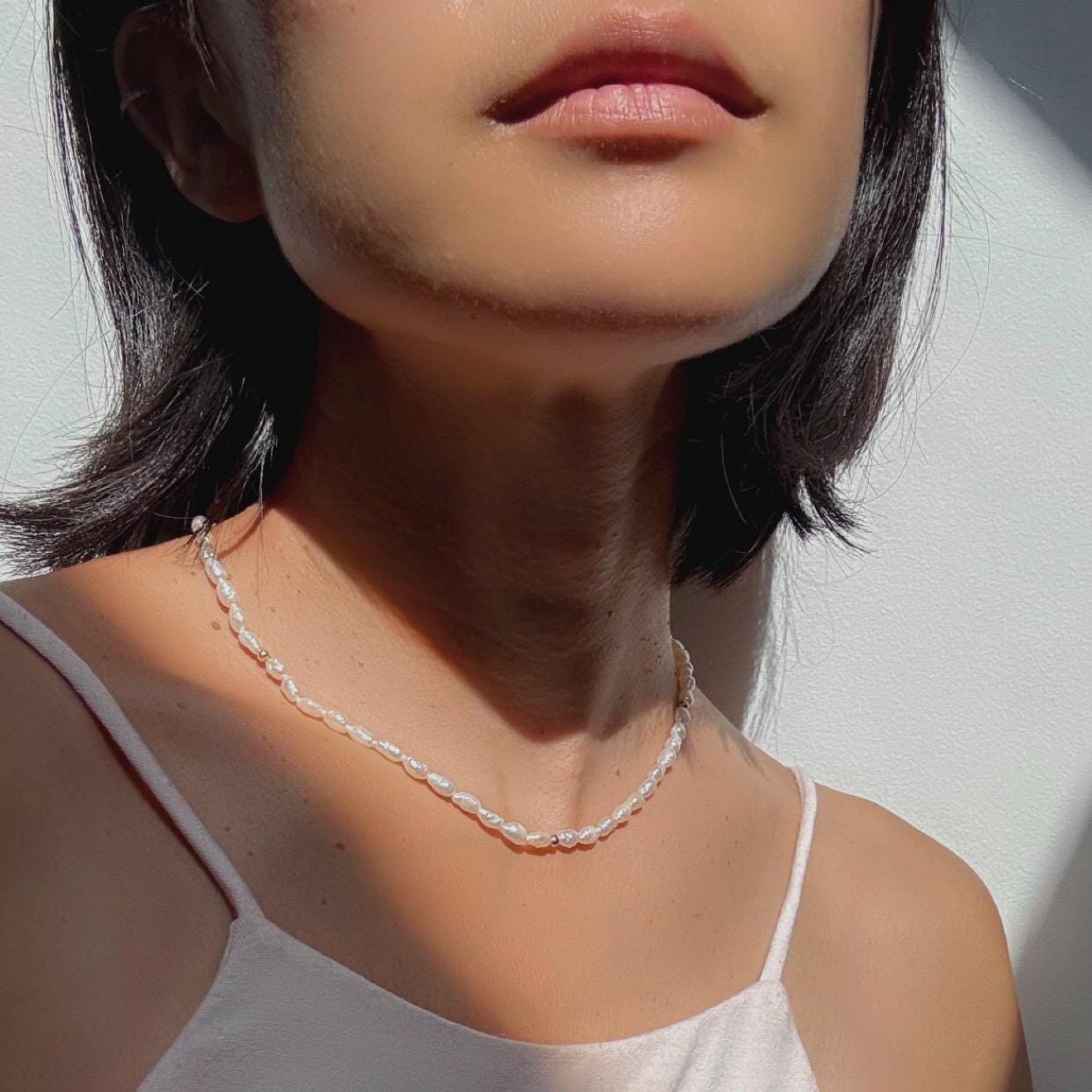 Authentic Rice Pearl 15” Necklace With 14k Solid Gold Beads Precious Fine Vintage Jewelry