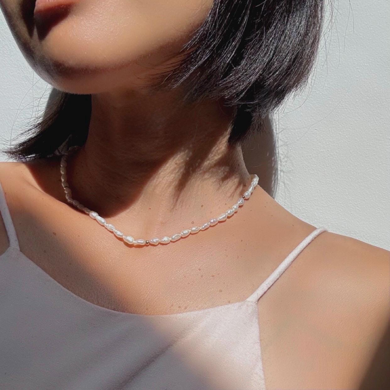 Authentic Rice Pearl 16” Necklace With 14k Solid Gold Beads Precious Fine Vintage Jewelry