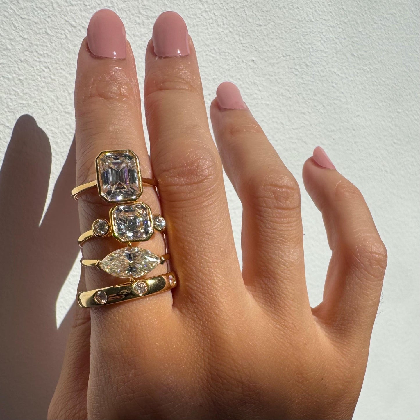 14K Solid Gold Hollow Avery Ring with 2ct Center Moissanite and 2 Side Zircon
