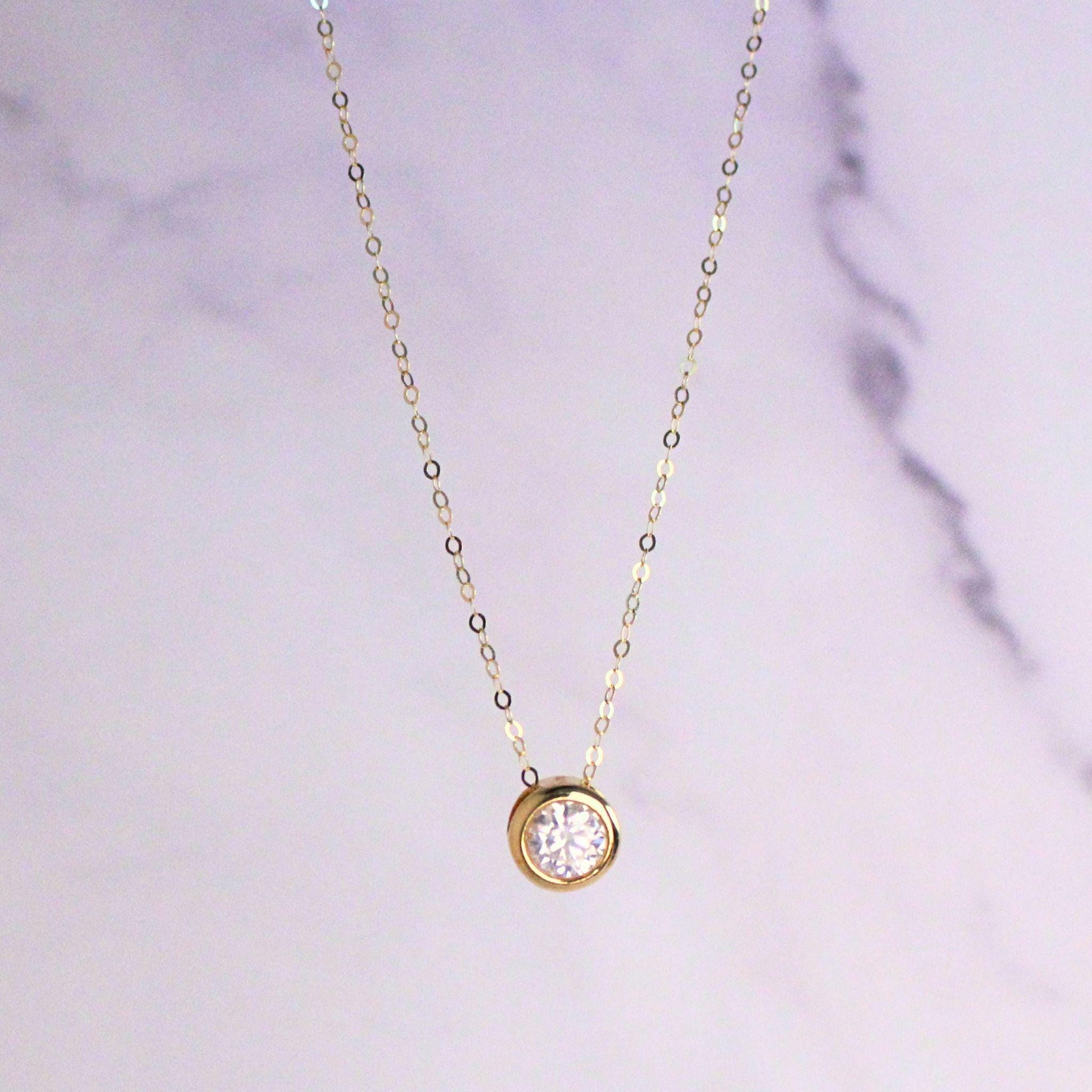 18k Solid Gold 0.5ct Moissanite Solitaire Mae Necklace: Minimalist Bezel Setting