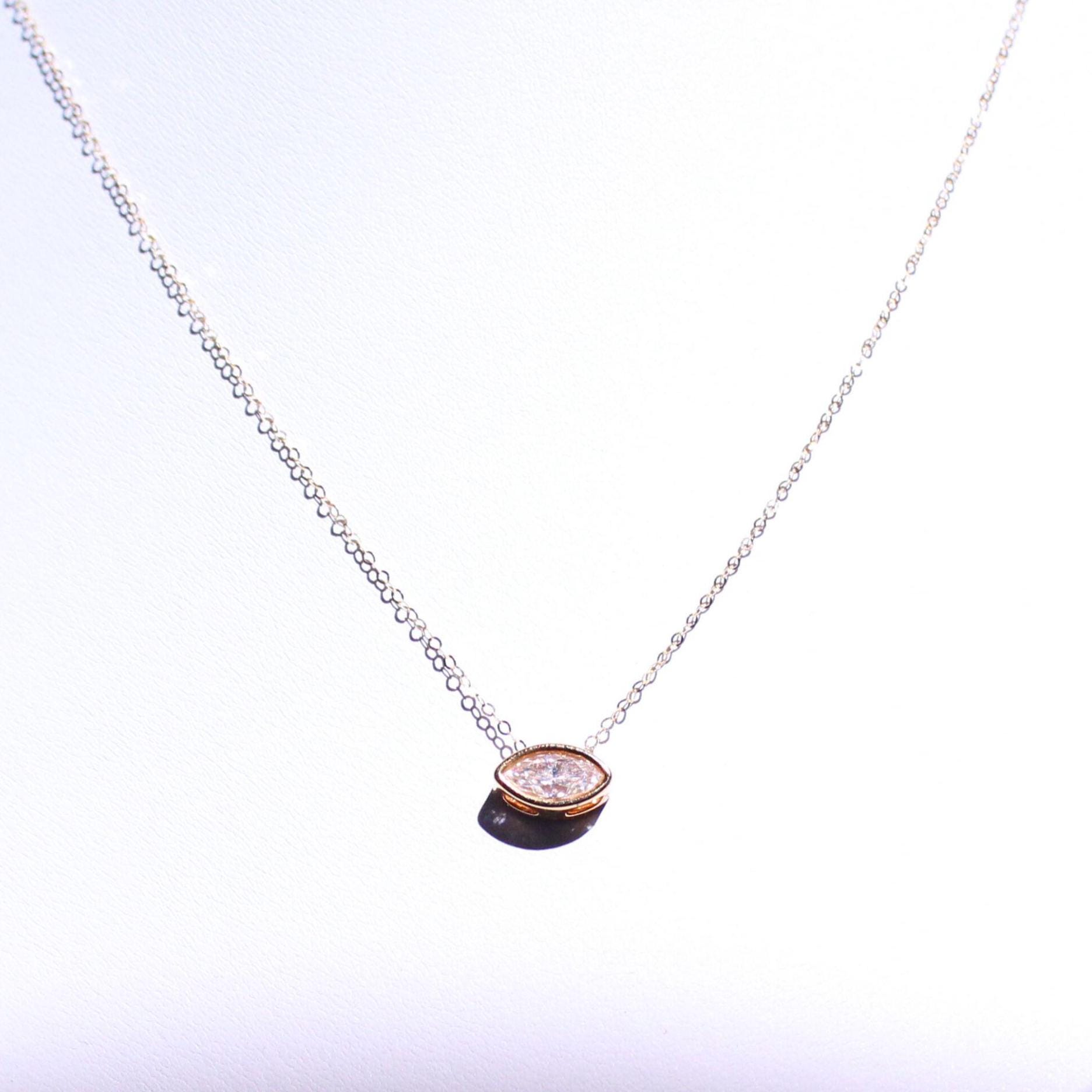 18K Solid Gold Marquise 0.5ct Moissanite Rose Necklace: Minimalist Bezel Setting