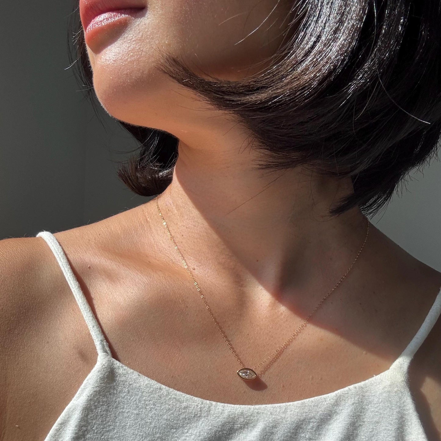 18K Gold Marquise 0.5ct Moissanite Rose Necklace: Minimalist Bezel Setting