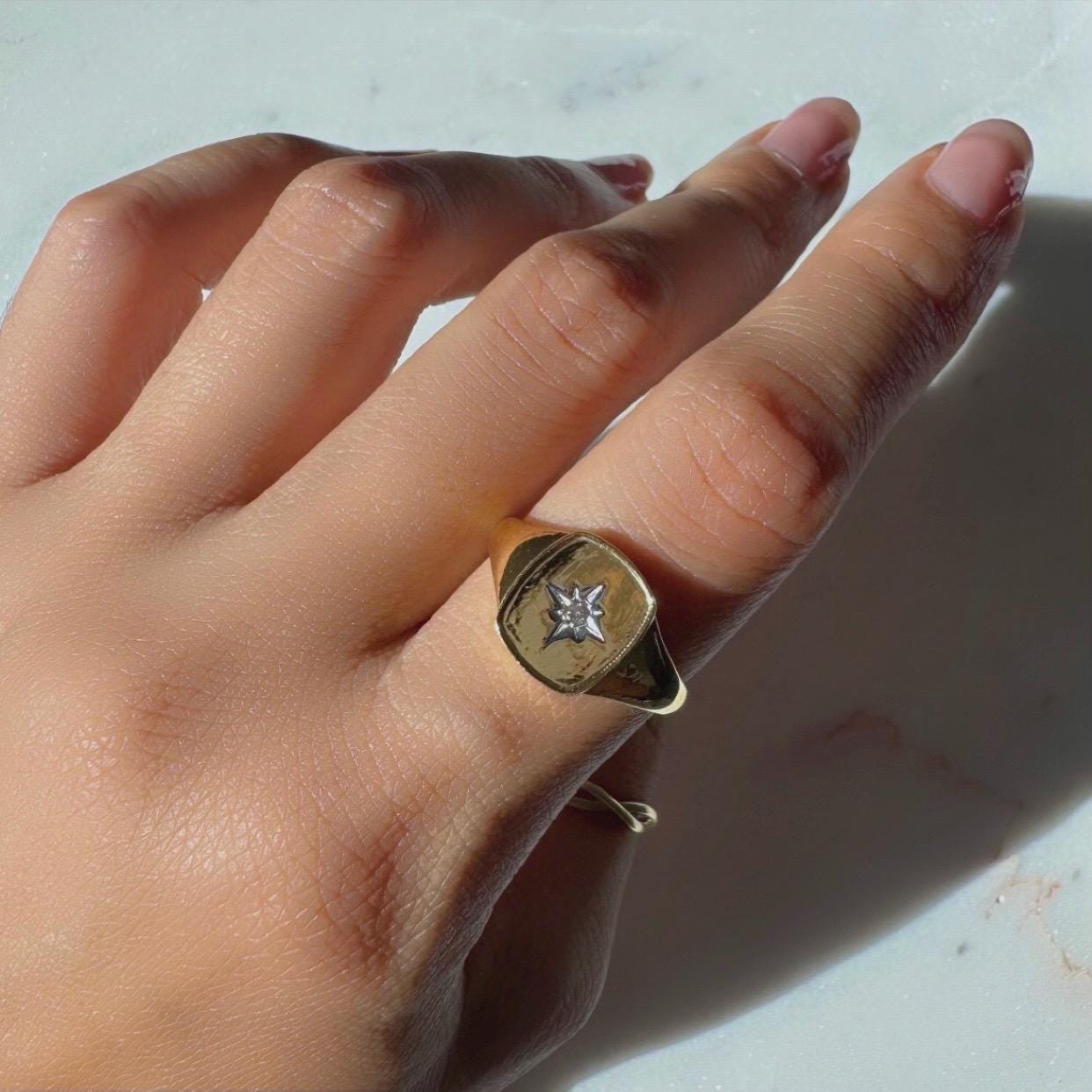 14K Solid Gold Astrid Signet Ring with Natural Diamond – Star Engraved Designd