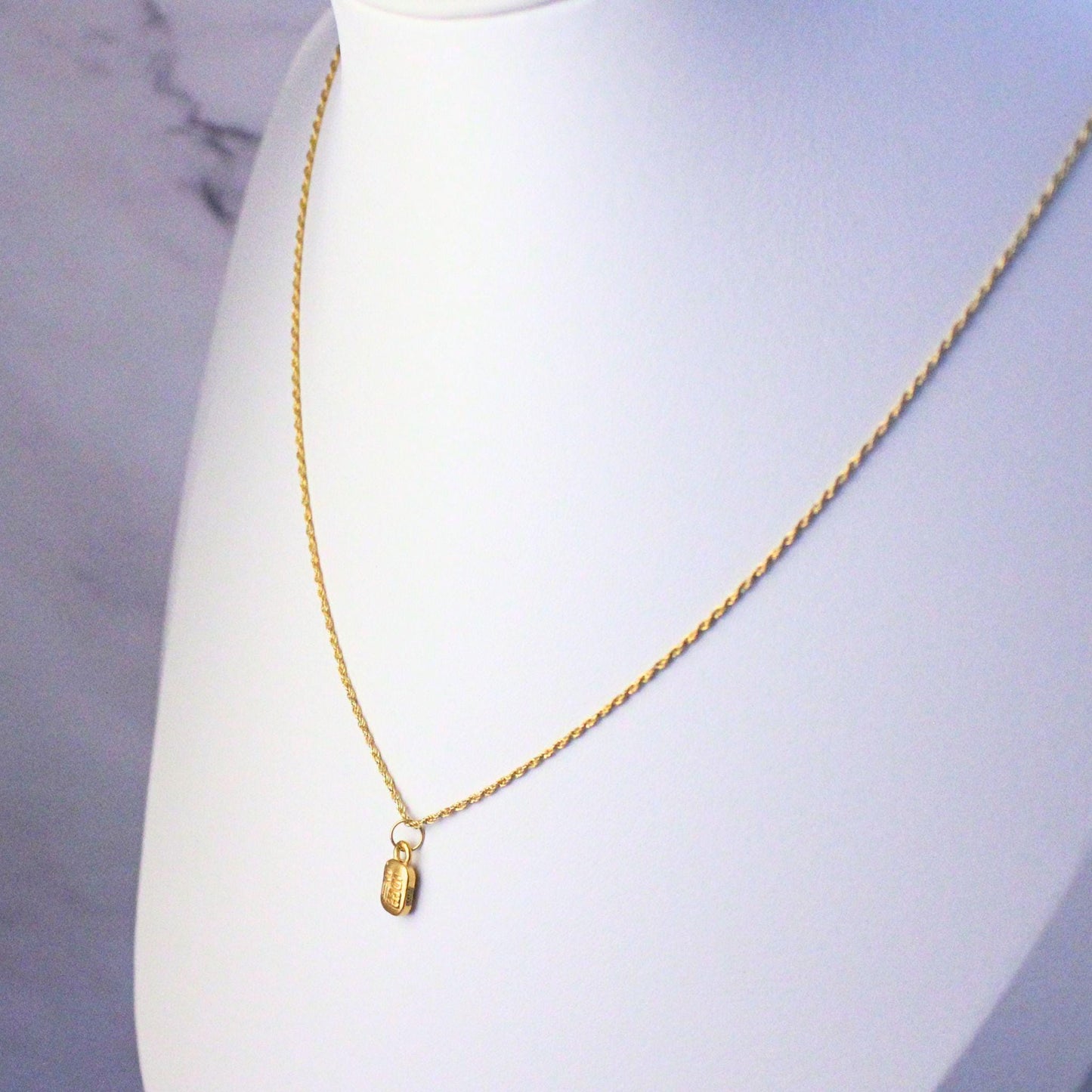 24K Gold Good Luck Charm Hao Yun Necklace: 18K Gold Rope Chain