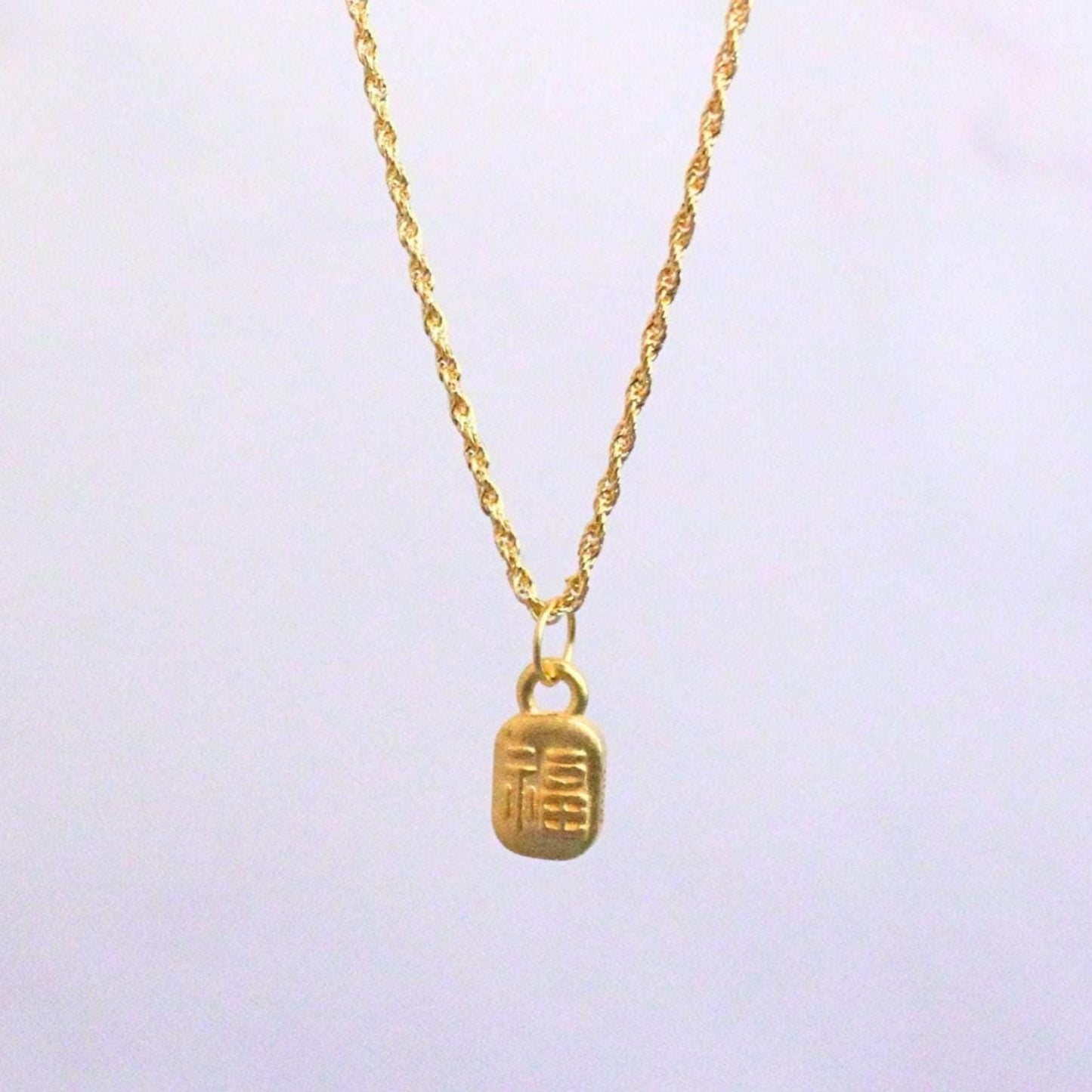 24K Gold Dainty Good Luck Charm Hao Yun Necklace with 18K Gold Rope Chain