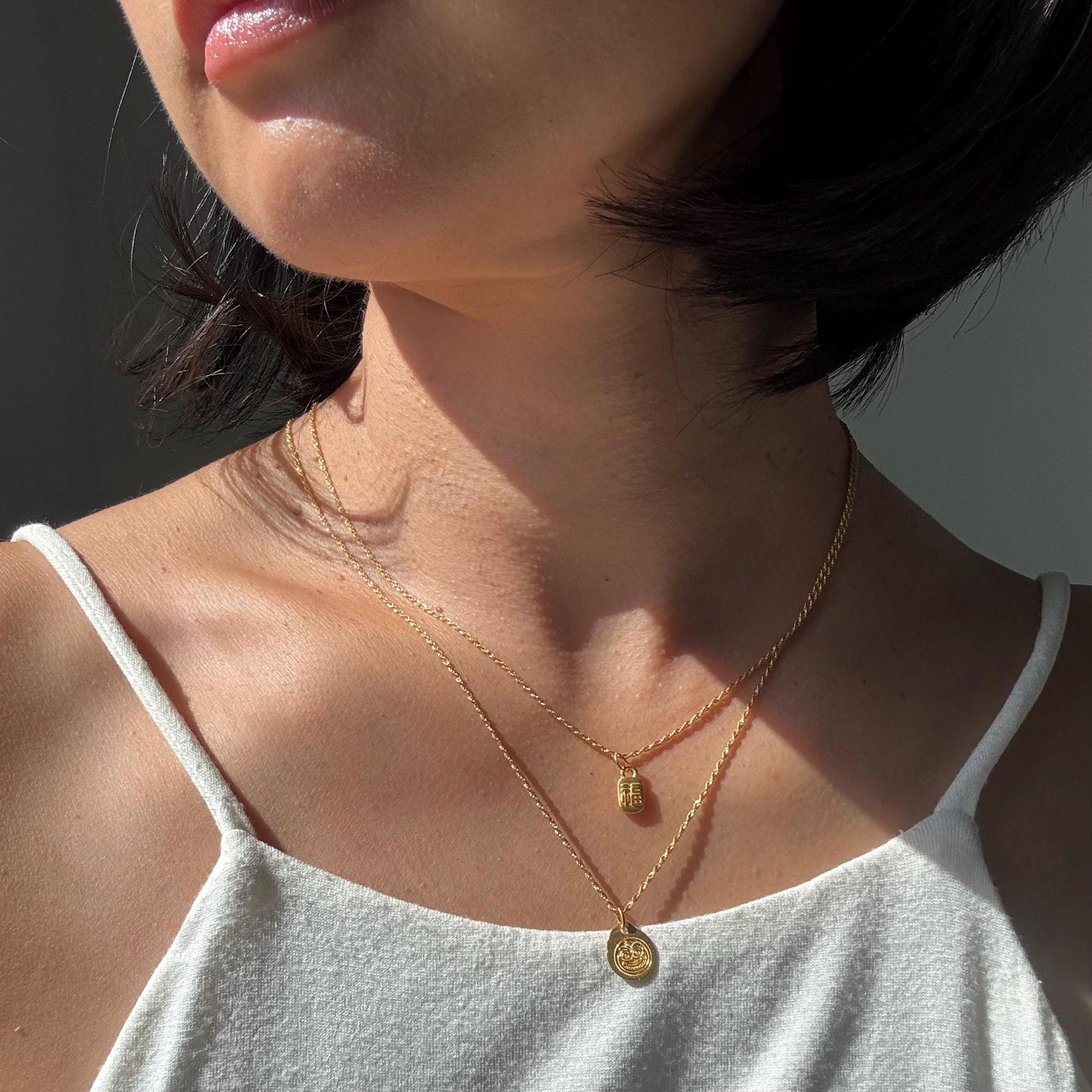 24K Gold Dainty Good Luck Charm Hao Yun Necklace with 18K Gold Rope Chain