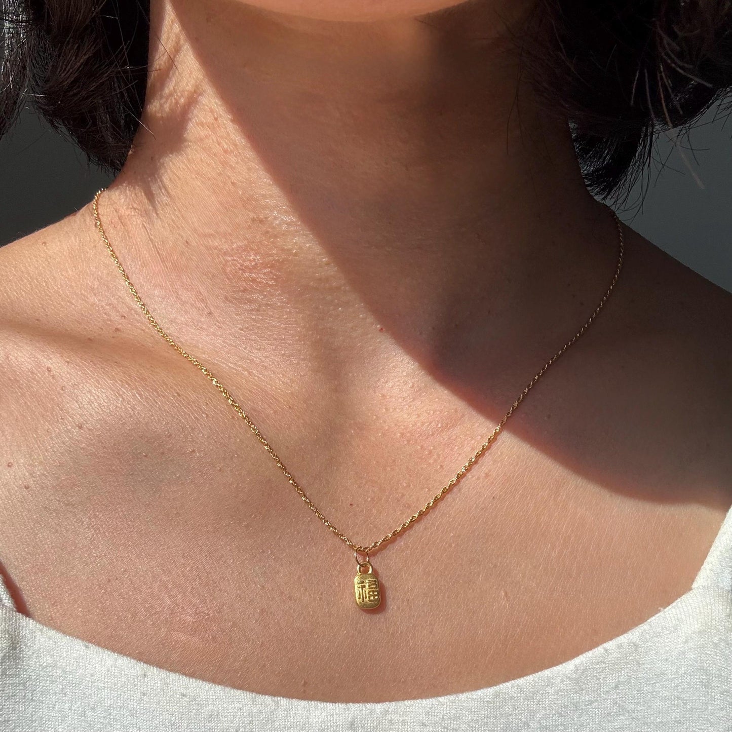 24K Gold Dainty Good Luck Charm Hao Yun Necklace with 18K Gold Rope Chain