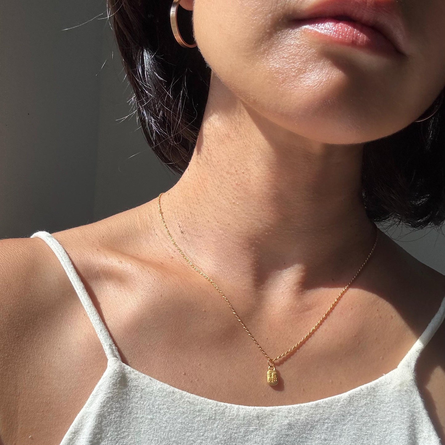 24K Gold Dainty Good Luck Charm Hao Yun Necklace with 18K Gold Rope Chain