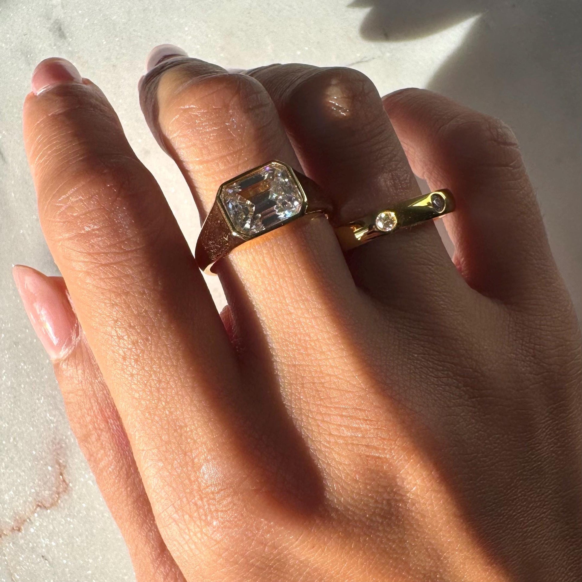 14K Gold Atlas Signet Ring with Emerald-Cut Moissanite – Modern Minimalist Design