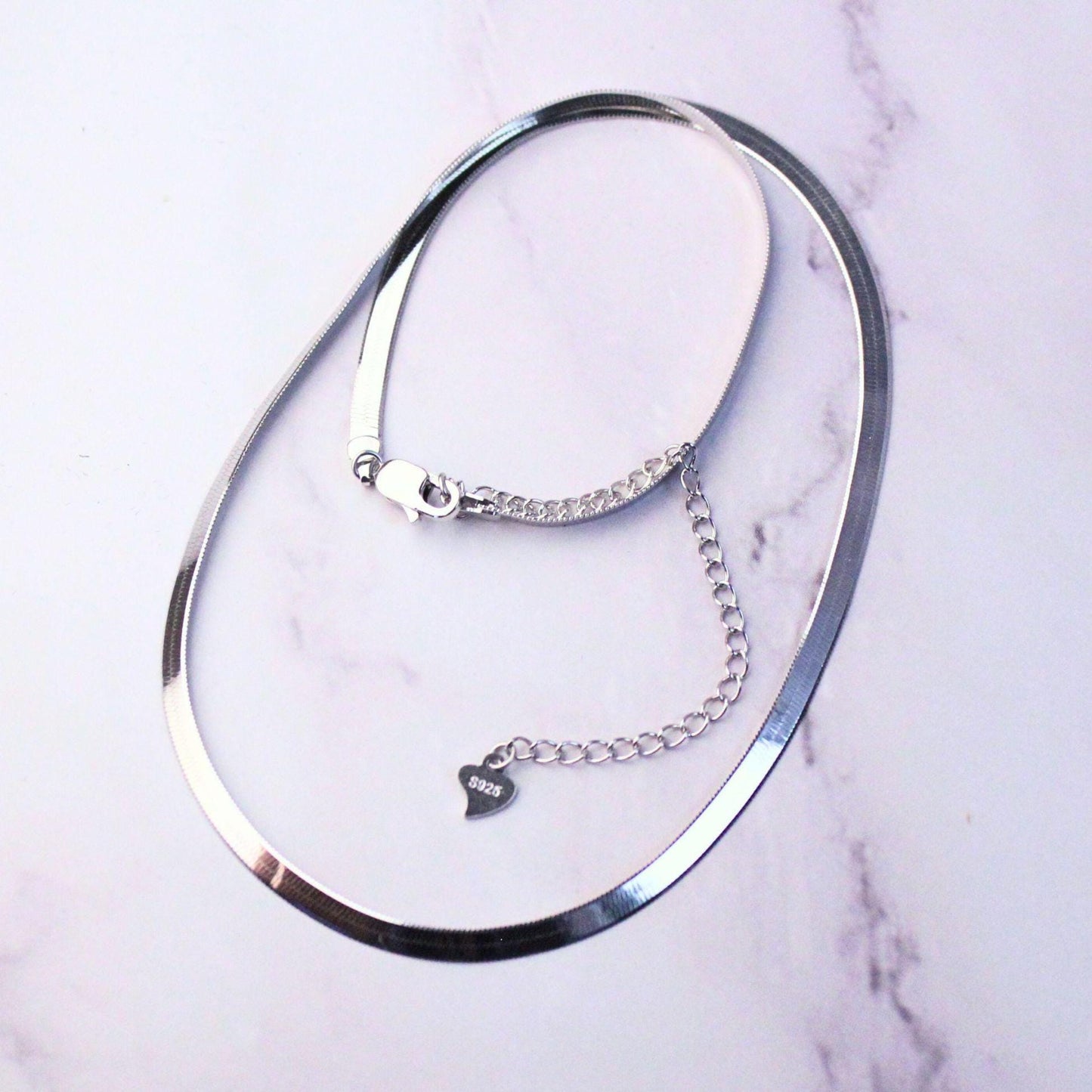 Sterling Silver Herringbone Elliot Necklace | 3mm Flat Snake Chain | 925 Solid Silver Choker | Minimalist Layering Necklace