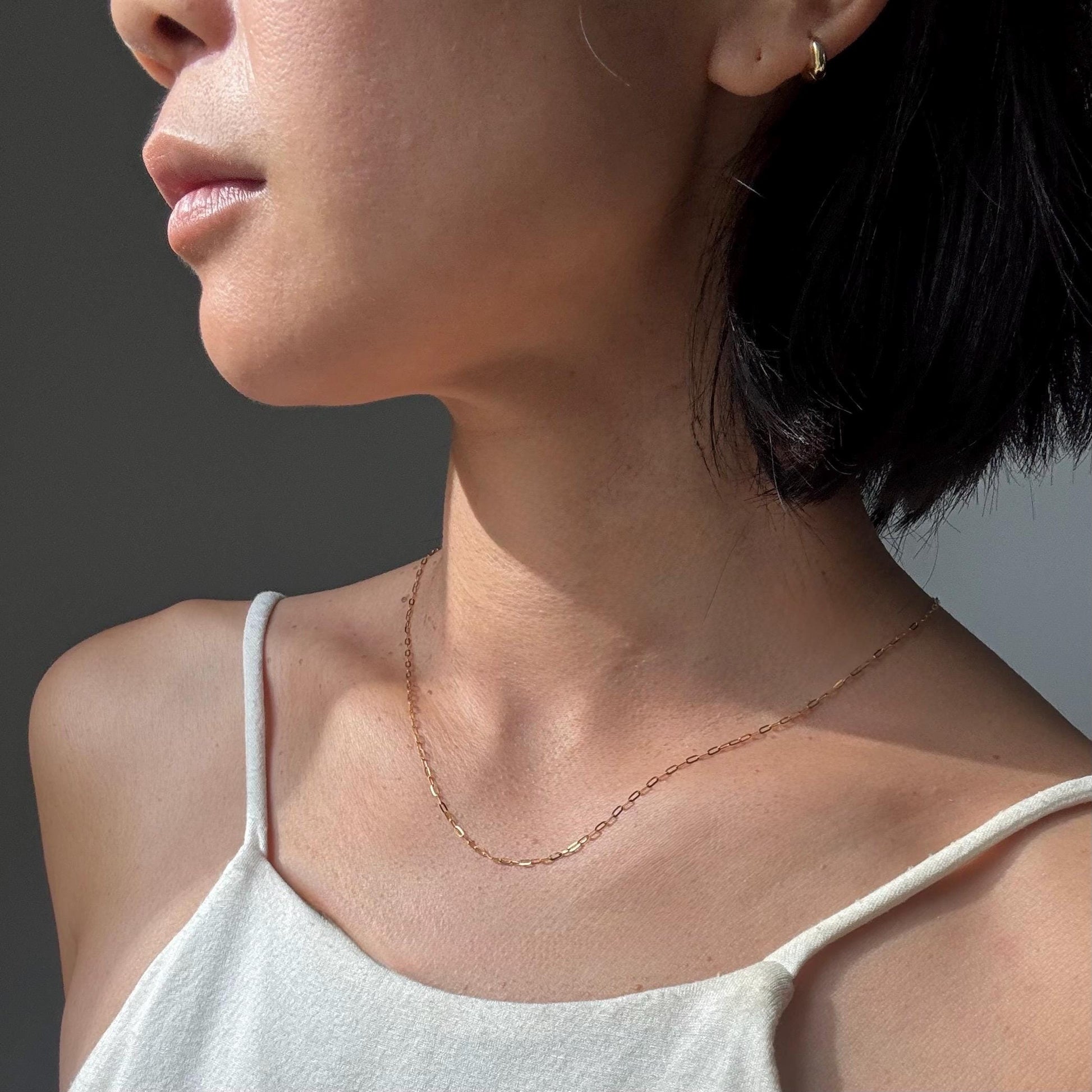 18K Solid Gold Paperclip Chain Gabby Necklace: Dainty Minimalist Jewelry