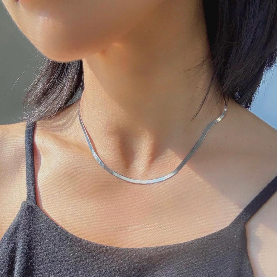 Sterling Silver Herringbone Elliot Necklace | 3mm Flat Snake Chain | 925 Solid Silver Choker | Minimalist Layering Necklace