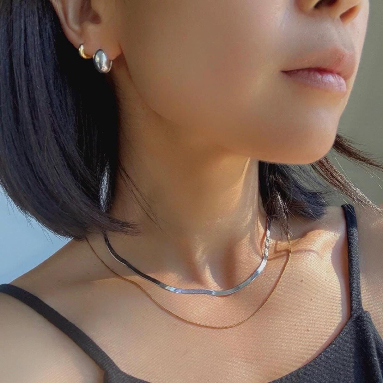 Sterling Silver Herringbone Elliot Necklace | 3mm Flat Snake Chain | 925 Solid Silver Choker | Minimalist Layering Necklace