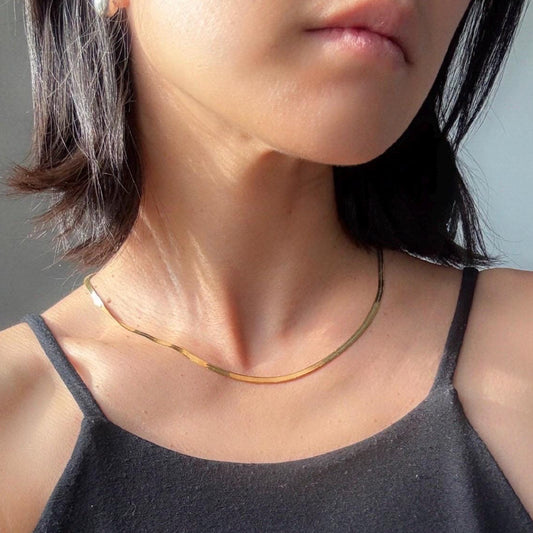 18K Plated Sterling Silver Herringbone Elliot Necklace | 3mm Flat Snake Chain