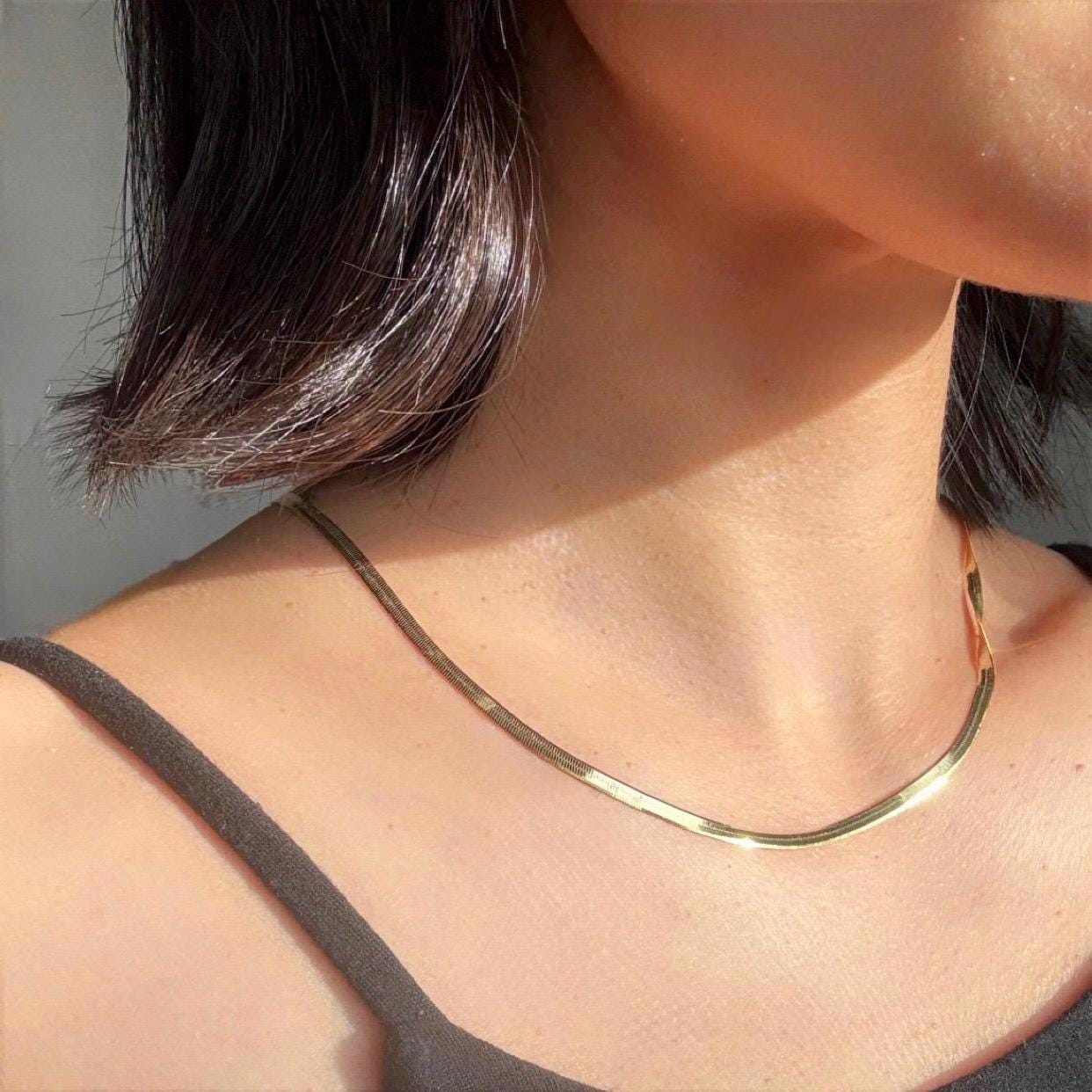 18K Plated Sterling Silver Herringbone Elliot Necklace | 3mm Flat Snake Chain