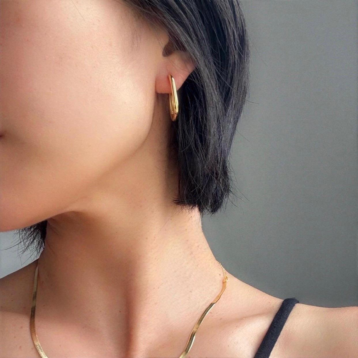 14K Gold Plated Sterling Silver Oval Hoop Charlie Earrings | Modern Minimalist Everyday Hoops