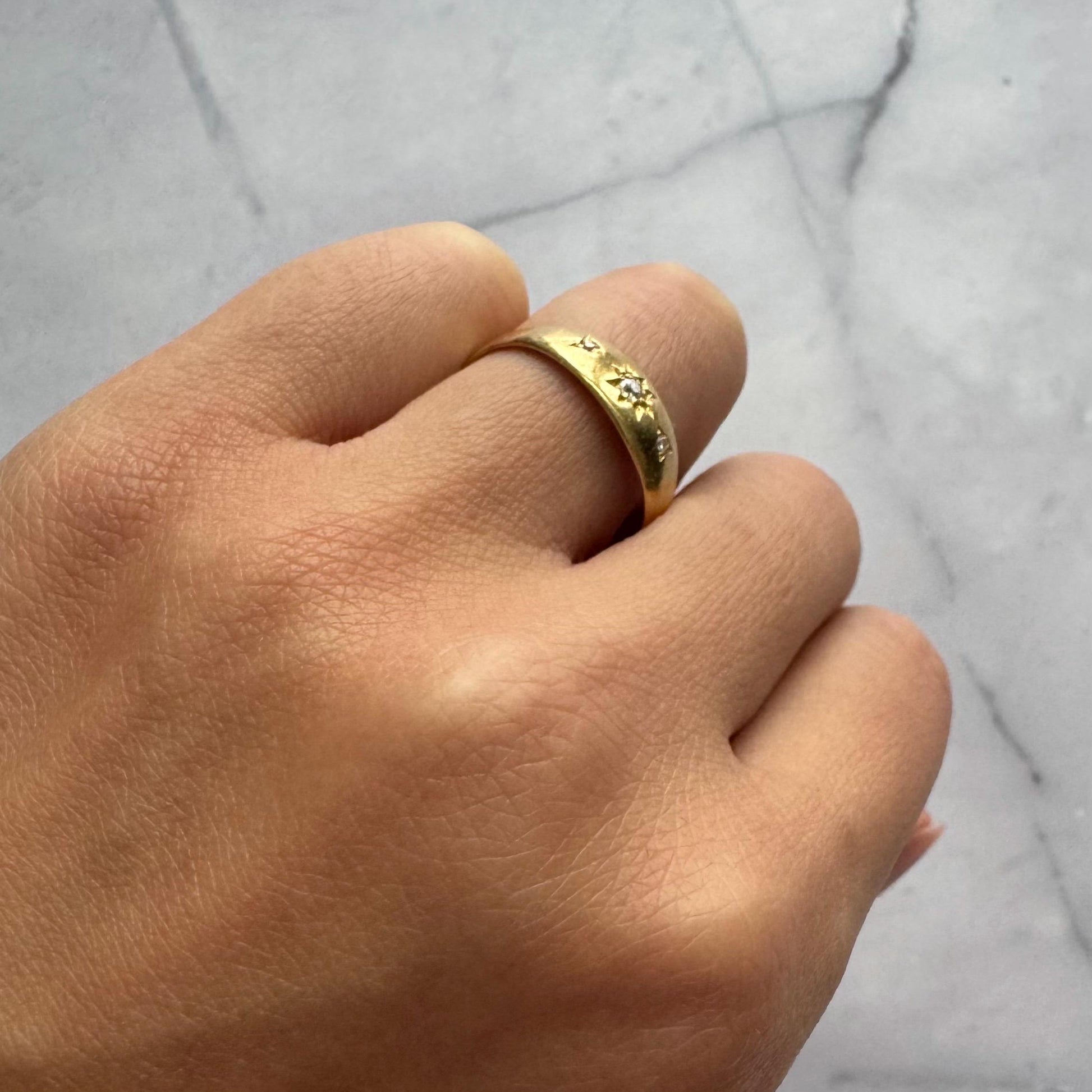 18K Solid Gold Gypsy Ring with Natural Diamonds | Vintage Starburst Ring