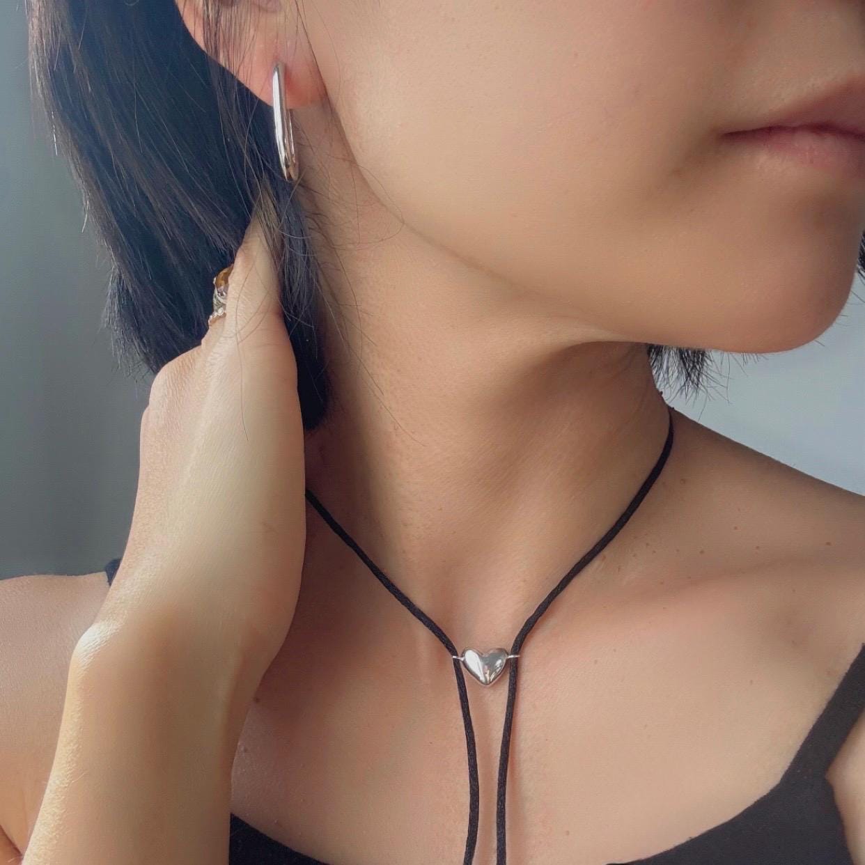 Sterling Silver Heart on Black Cord Amore Necklace| Minimalist Adjustable Necklace