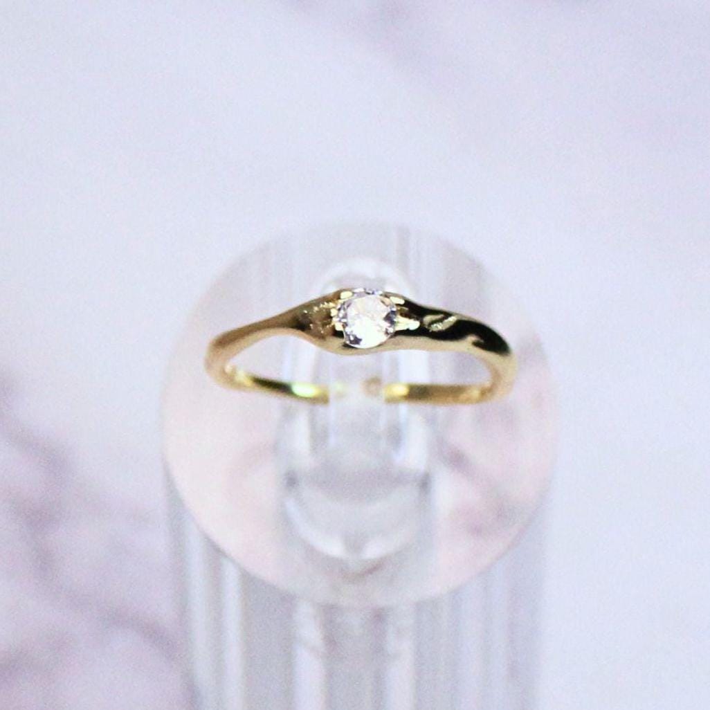 14K Gold Plated Sterling Silver Adjustable Juniper Ring with Zircon – Delicate Minimalist Everyday Jewelry