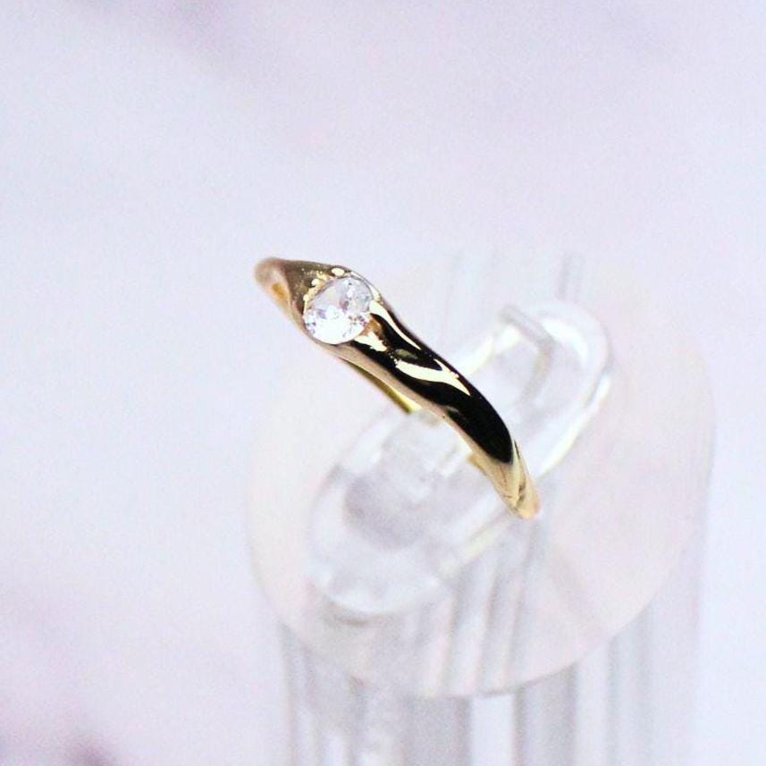 14K Gold Plated Sterling Silver Adjustable Juniper Ring with Zircon – Delicate Minimalist Everyday Jewelry