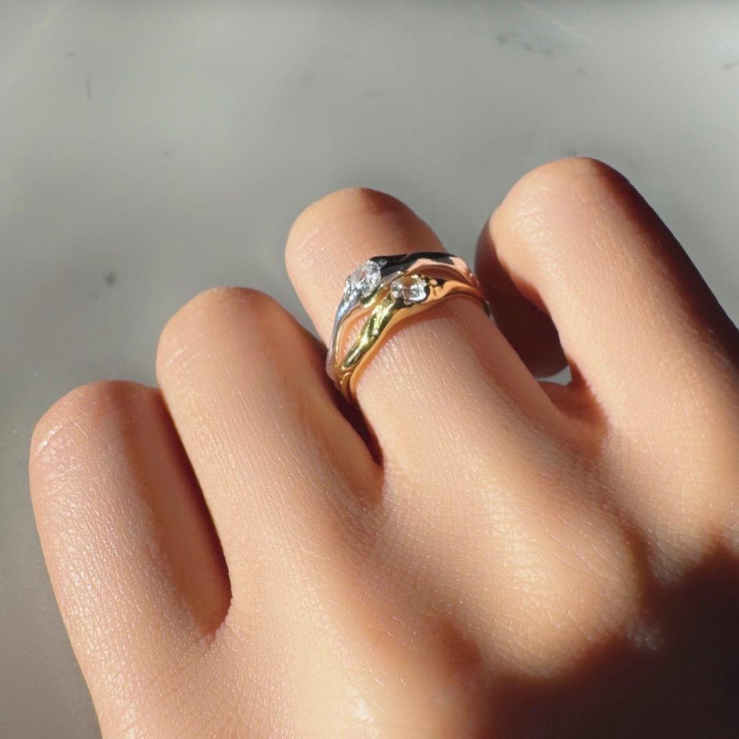 14K Gold Plated Sterling Silver Adjustable Juniper Ring with Zircon – Delicate Minimalist Everyday Jewelry