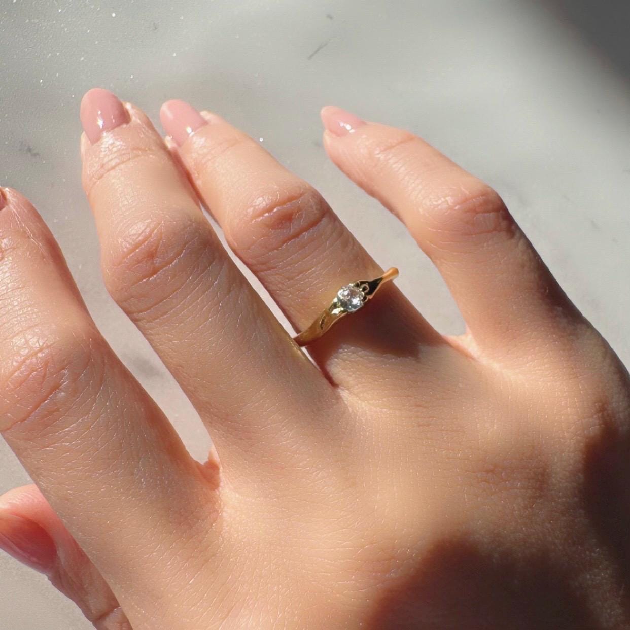 14K Gold Plated Sterling Silver Adjustable Juniper Ring with Zircon – Delicate Minimalist Everyday Jewelry