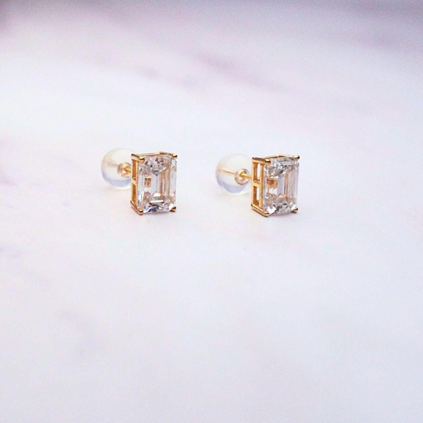 14K Gold Emerald Cut Moissanite Millie Stud Earrings | 1CT Each Solitaire