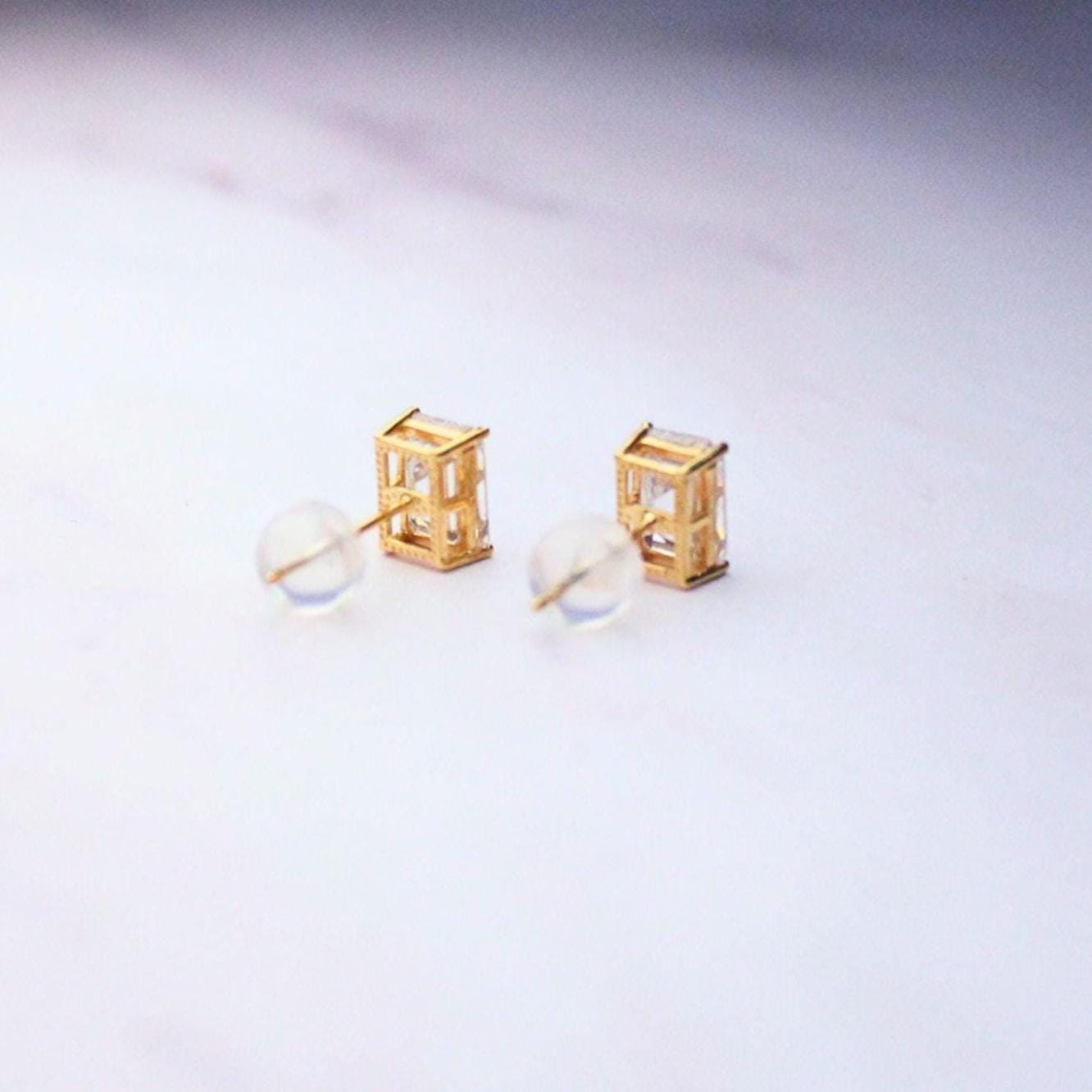 14K Gold Emerald Cut Moissanite Millie Stud Earrings | 1CT Each Solitaire